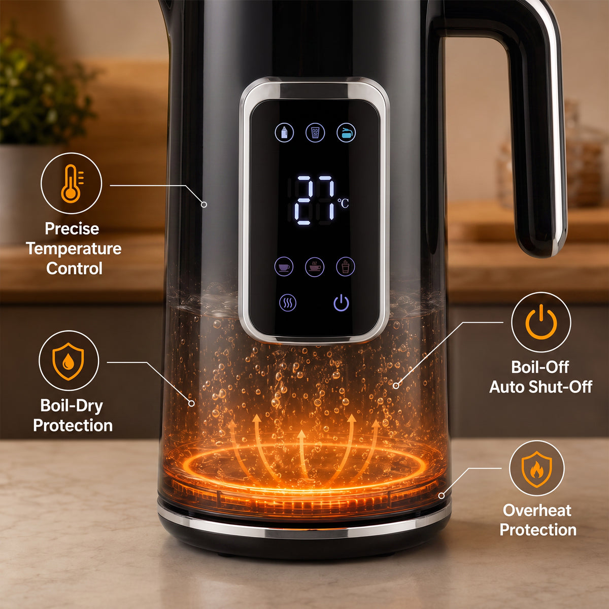 Electric Kettle, 1.7L Fast Boil 3000W Water Kettle with LED Display, Adjustable Temperature, Keep Warm Function, Auto Shut-off Boil-Dry Protection, Double-Wall, Black