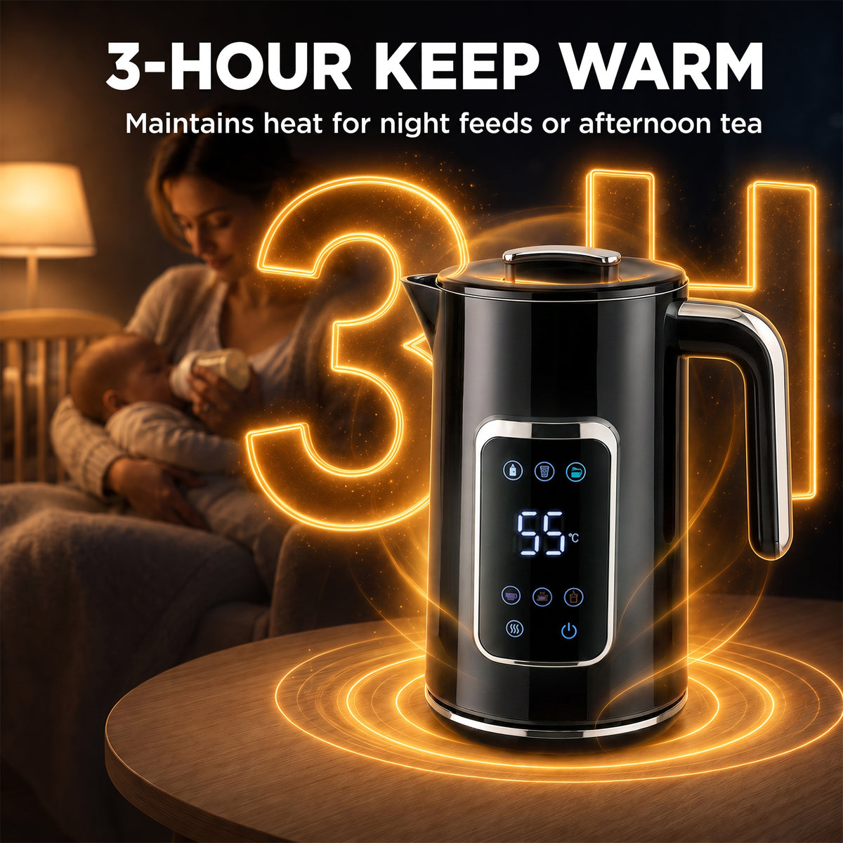 Electric Kettle, 1.7L Fast Boil 3000W Water Kettle with LED Display, Adjustable Temperature, Keep Warm Function, Auto Shut-off Boil-Dry Protection, Double-Wall, Black
