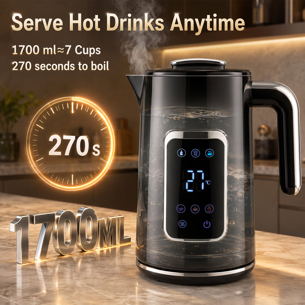 Electric Kettle, 1.7L Fast Boil 3000W Water Kettle with LED Display, Adjustable Temperature, Keep Warm Function, Auto Shut-off Boil-Dry Protection, Double-Wall, Black