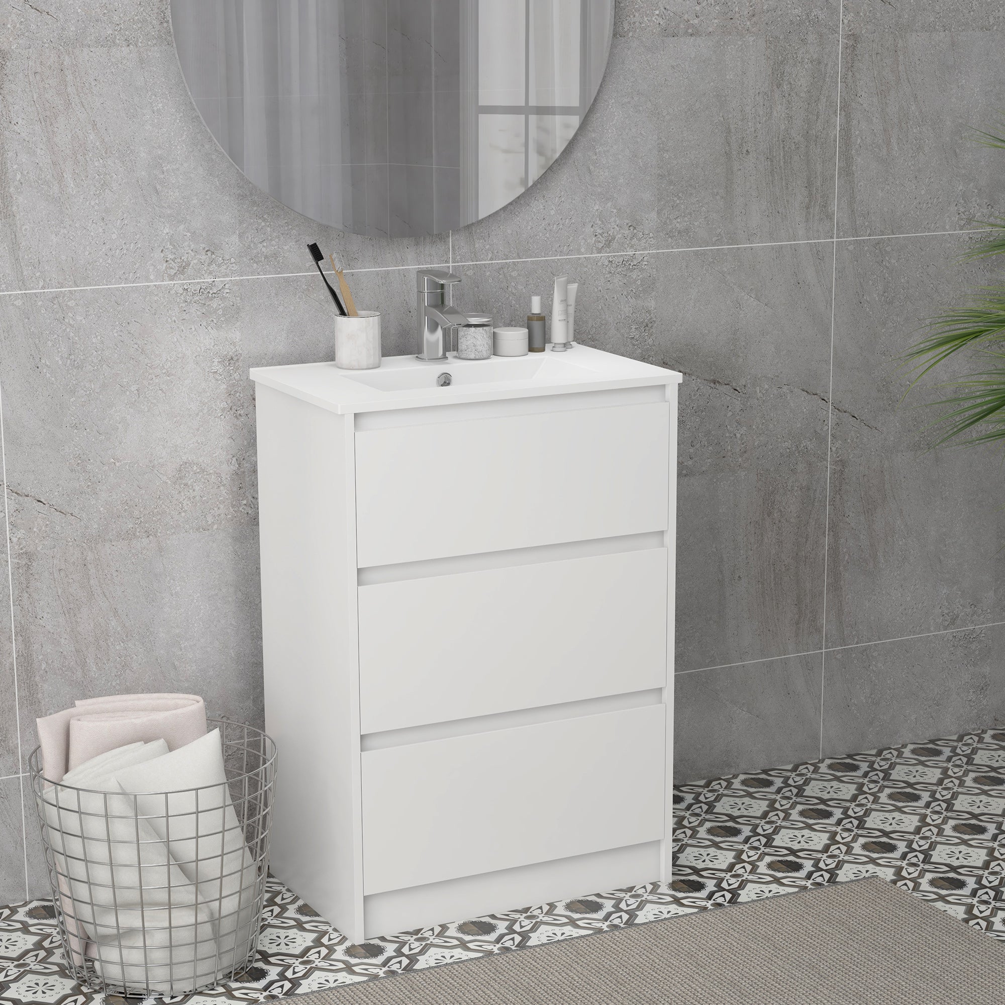 kleankin 600mm Bathroom Vanity Unit with Basin and Single Tap Hole, High Gloss White Floor Standing Bathroom Sink Unit with 2 Drawers