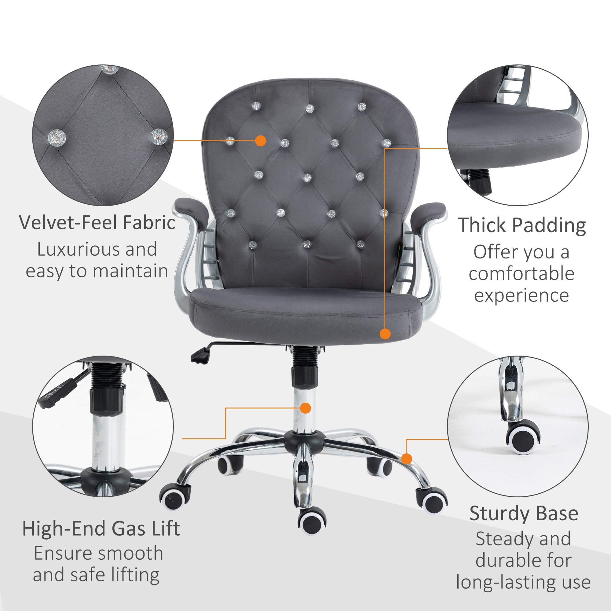 Button Tufted Desk Chair with Padded Armrests, Adjustable Height & Swivel Wheels, Dark Gray