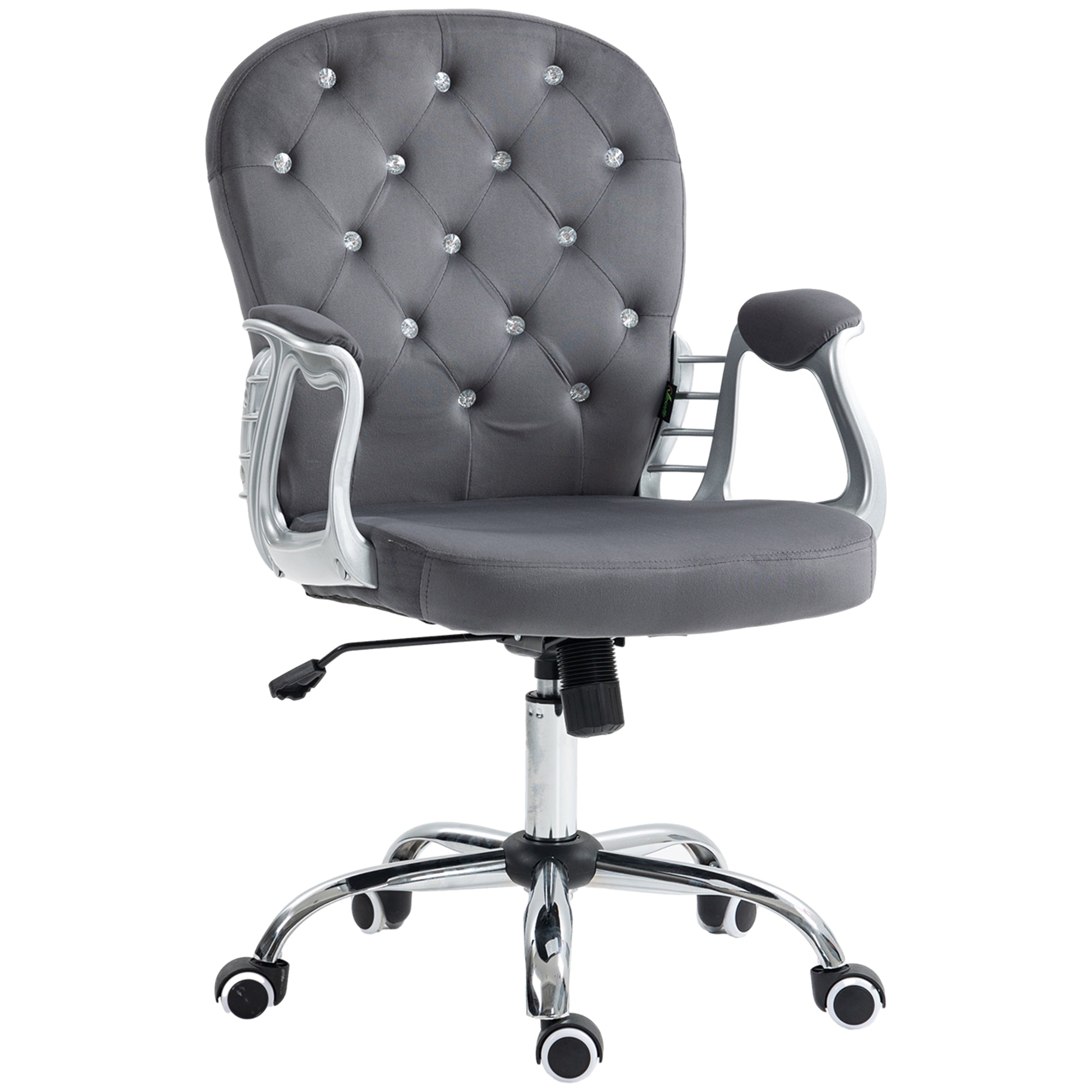 Button Tufted Desk Chair with Padded Armrests, Adjustable Height & Swivel Wheels, Dark Gray