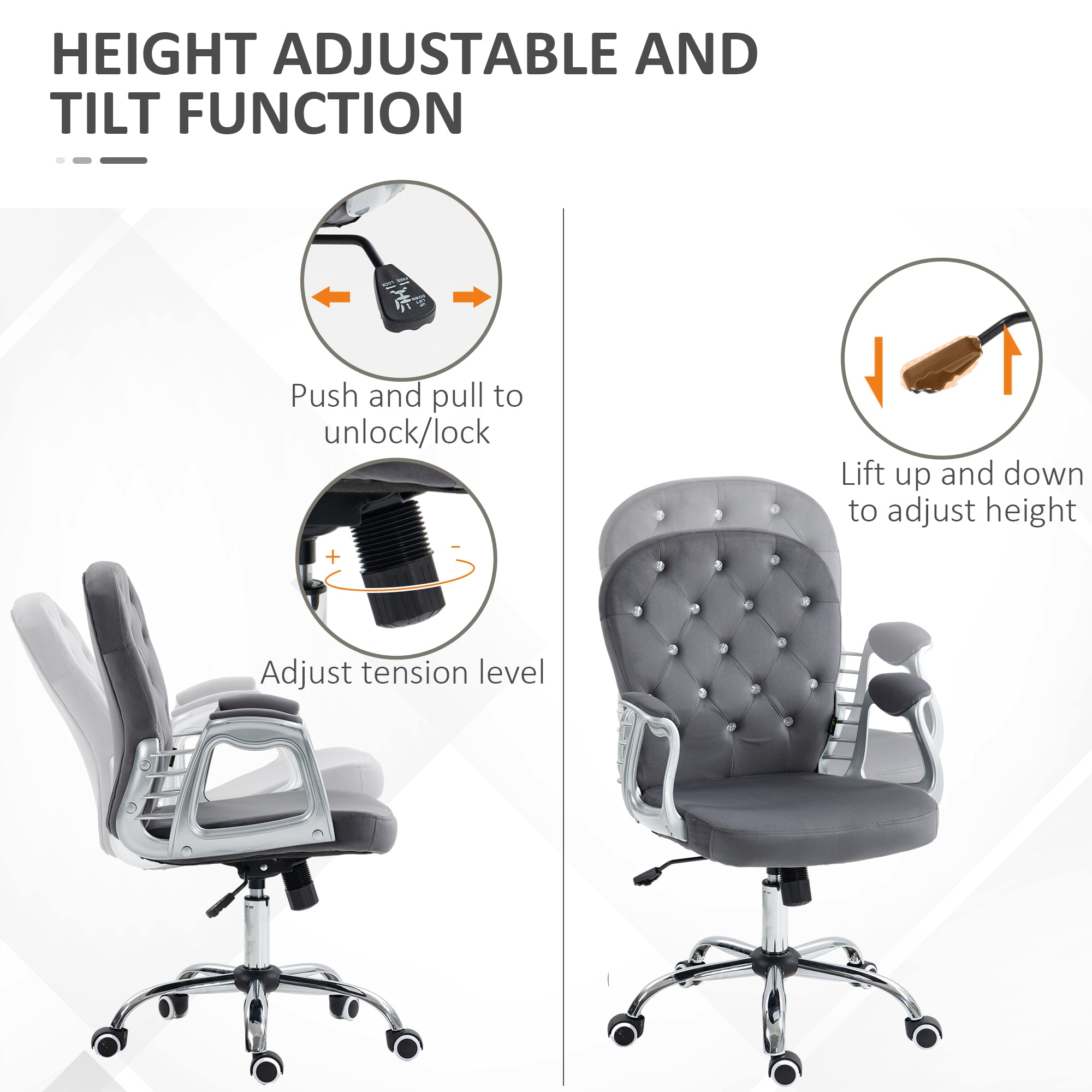 Button Tufted Desk Chair with Padded Armrests, Adjustable Height & Swivel Wheels, Dark Gray