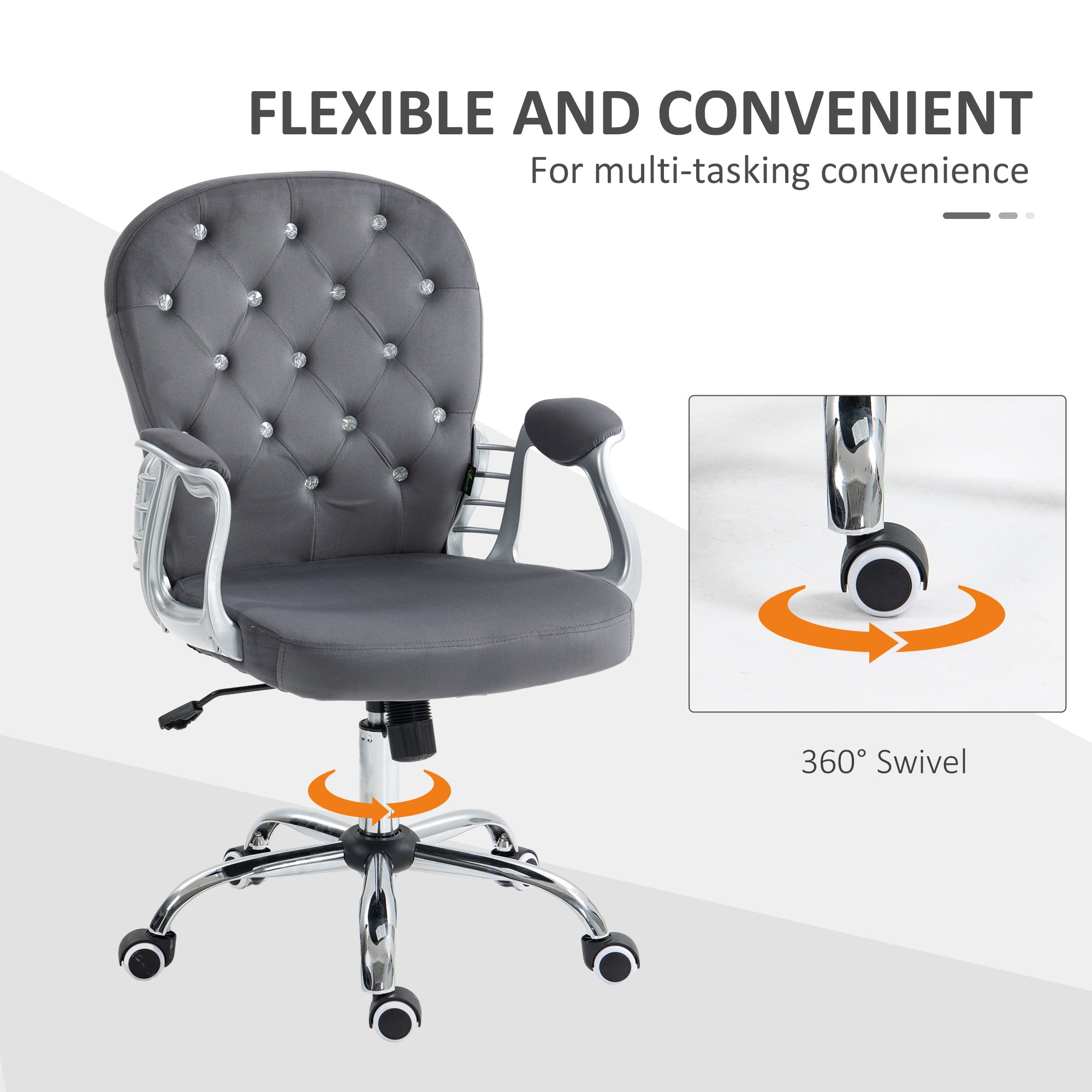 Button Tufted Desk Chair with Padded Armrests, Adjustable Height & Swivel Wheels, Dark Gray