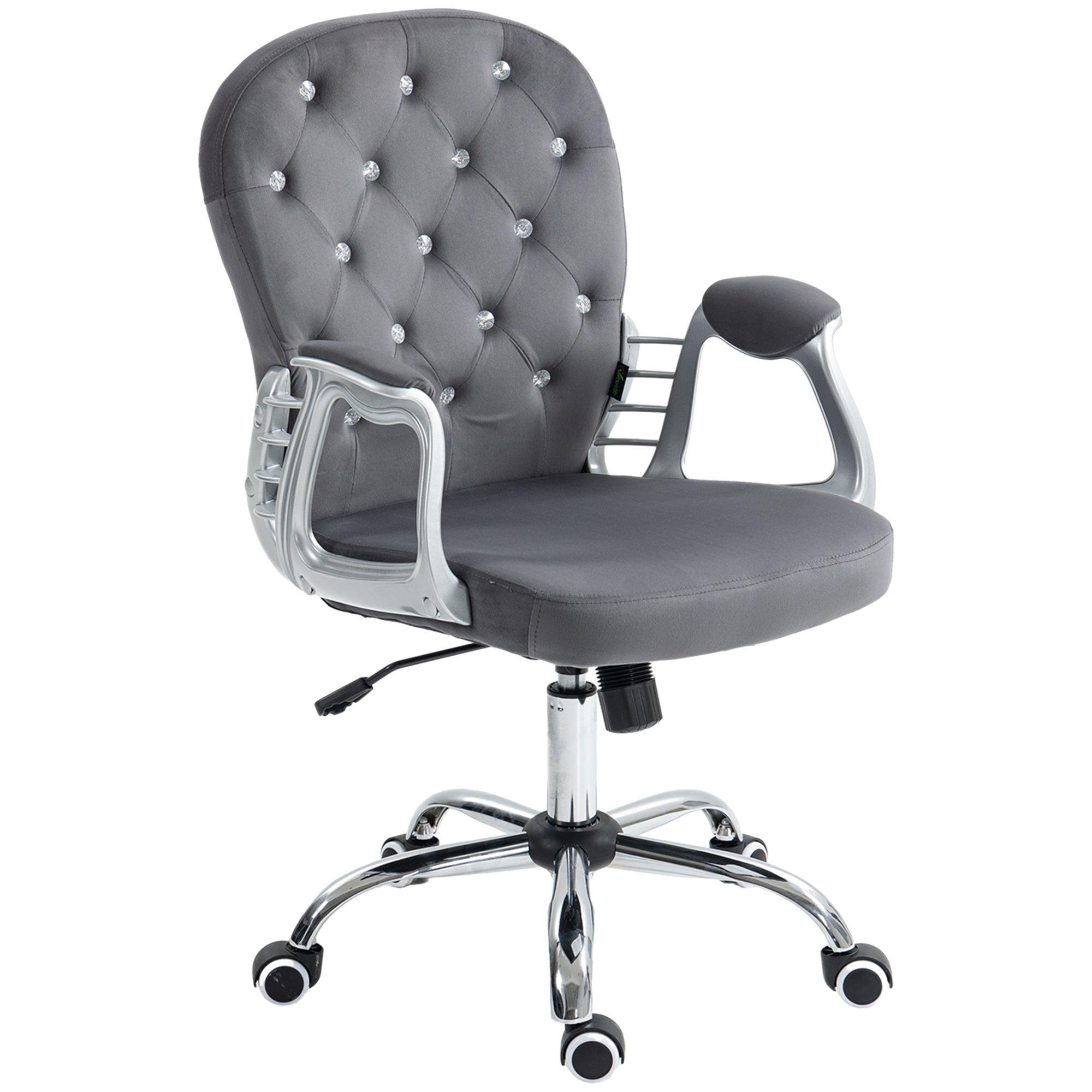 Button Tufted Desk Chair with Padded Armrests, Adjustable Height & Swivel Wheels, Dark Gray
