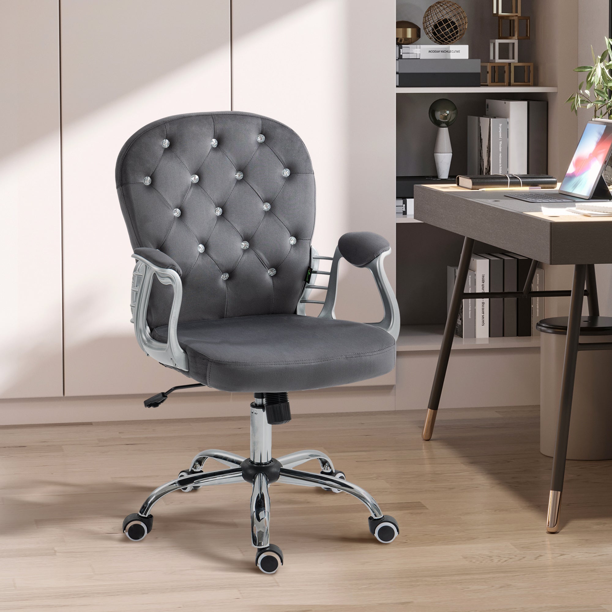 Button Tufted Desk Chair with Padded Armrests, Adjustable Height & Swivel Wheels, Dark Gray