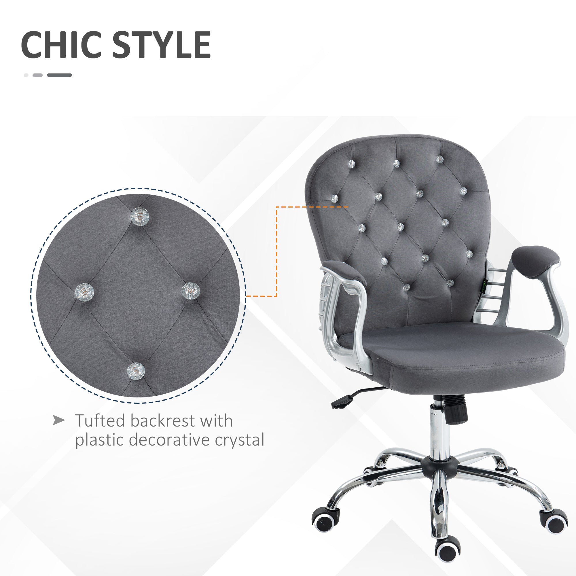 Button Tufted Desk Chair with Padded Armrests, Adjustable Height & Swivel Wheels, Dark Gray