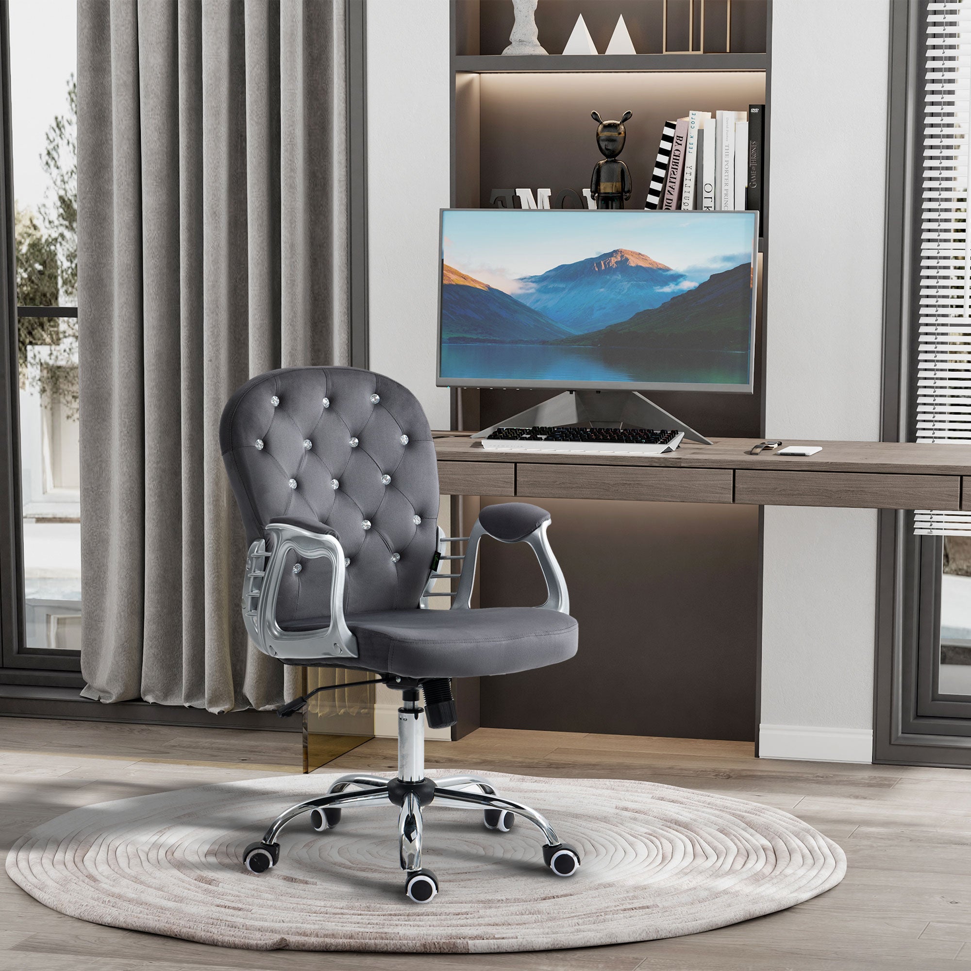 Button Tufted Desk Chair with Padded Armrests, Adjustable Height & Swivel Wheels, Dark Gray