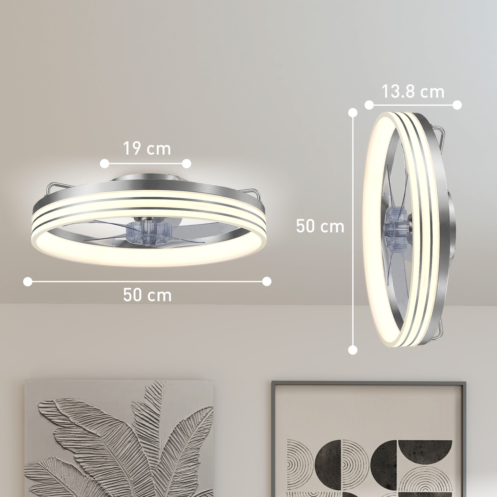 Ceiling Fans with Lights and Remote & App Control, 50 cm Modern LED Ceiling Fan Light with 3 Colour Temperatures, 6 Speed, Timer, Dimmable, Quiet Reversible DC Motor, for Bedroom, Silver Tone