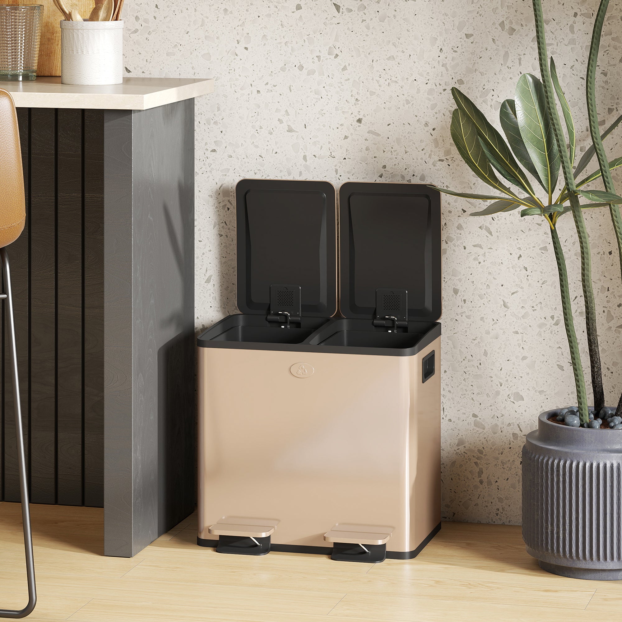 Dual Kitchen Bin, 2 x 15L Stainless Steel Double Rubbish Bin with Soft Close Lid, Removable Inner Buckets, Fingerprint-Proof for Recycling and Waste, Gold Tone