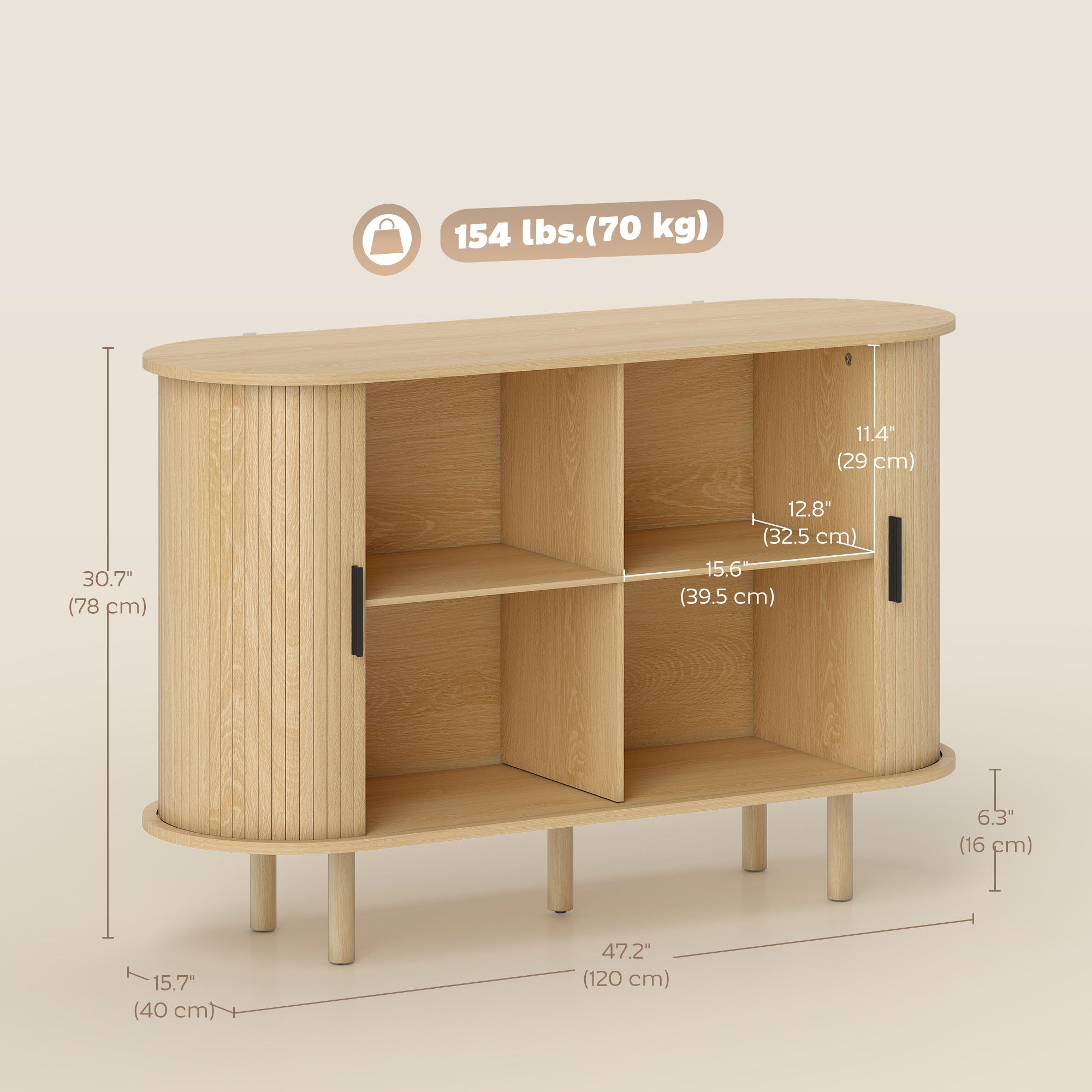 Fluted Sideboard Buffet Cabinet with Tambour Sliding Doors, 47" Modern Coffee Bar Cabinet with Storage Shelves and Wooden Legs, Kitchen Credenza, Oak