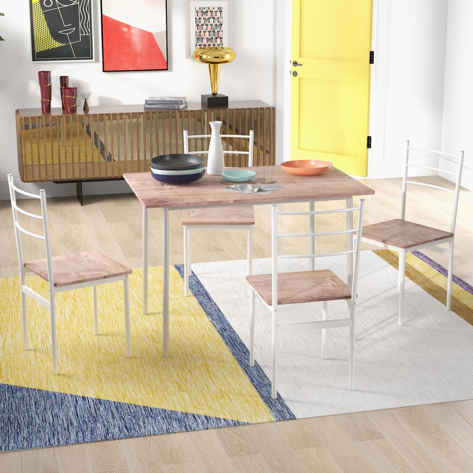 HOMCOM 5 Piece Dining Table and Chairs Set, Dining Room Sets, Steel Frame Space Saving Table and 4 Chairs for Compact Kitchens, White