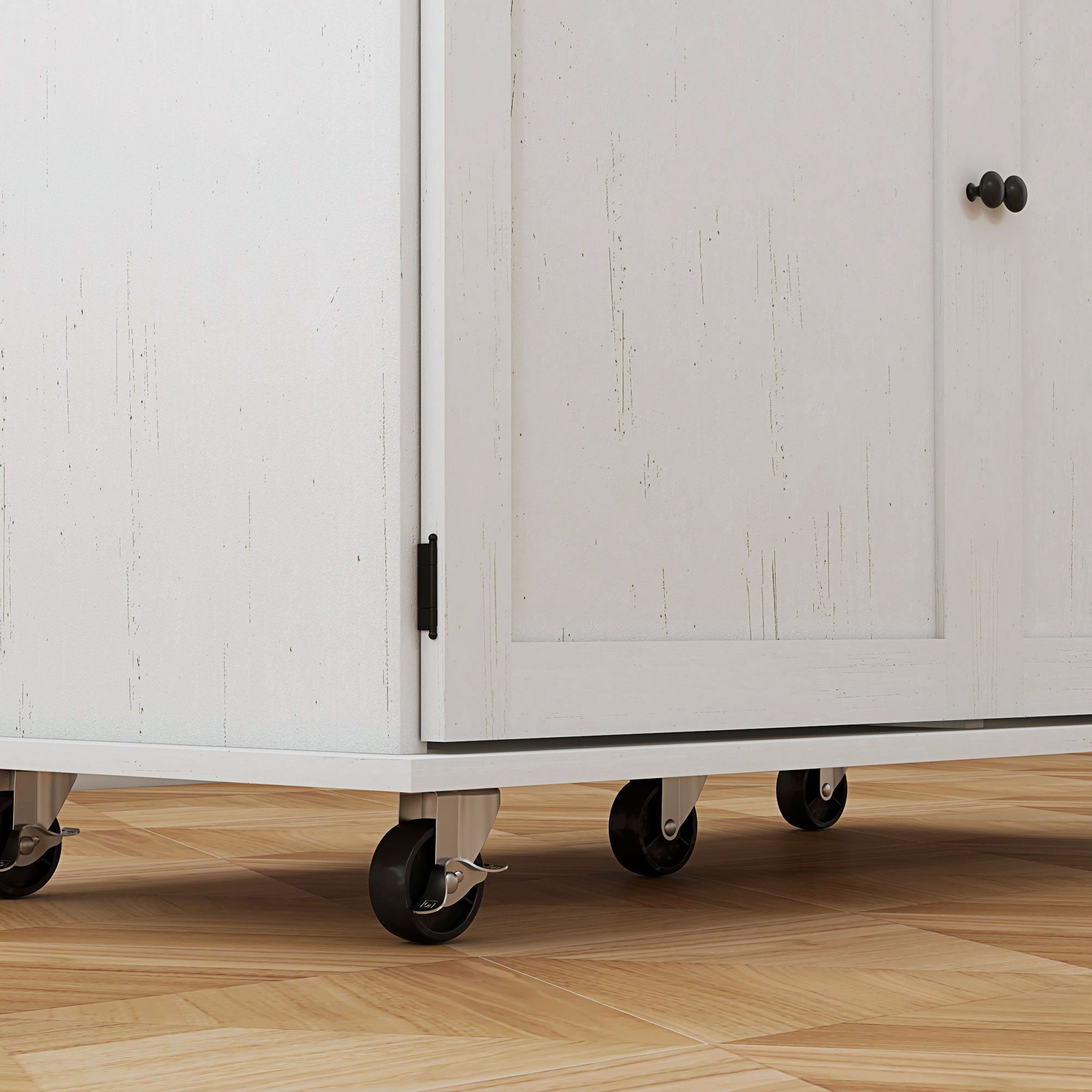 Farmhouse Rolling Kitchen Island, Wood Breakfast Bar w/ Wheels, Drawer & Doors, White