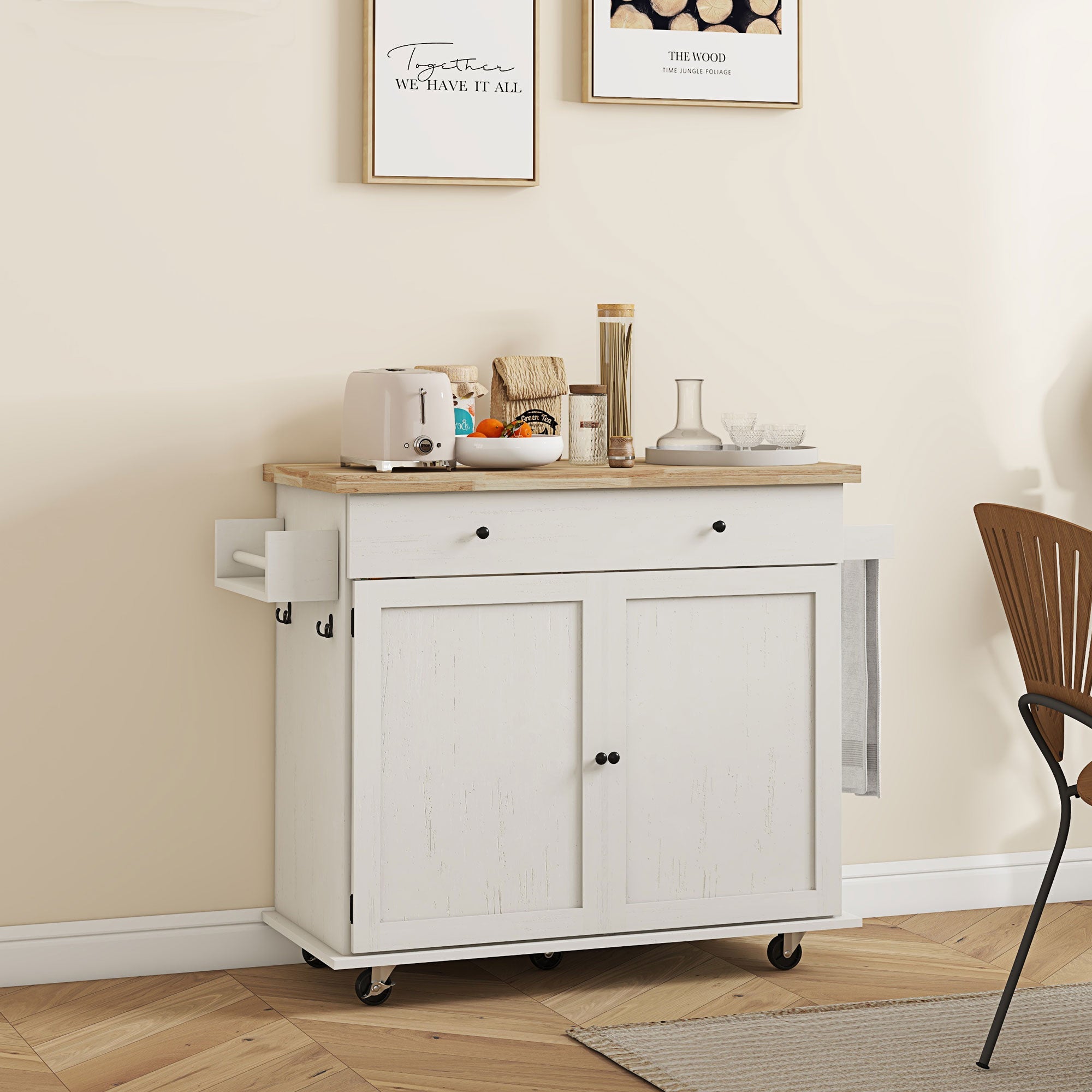 Farmhouse Rolling Kitchen Island, Wood Breakfast Bar w/ Wheels, Drawer & Doors, White