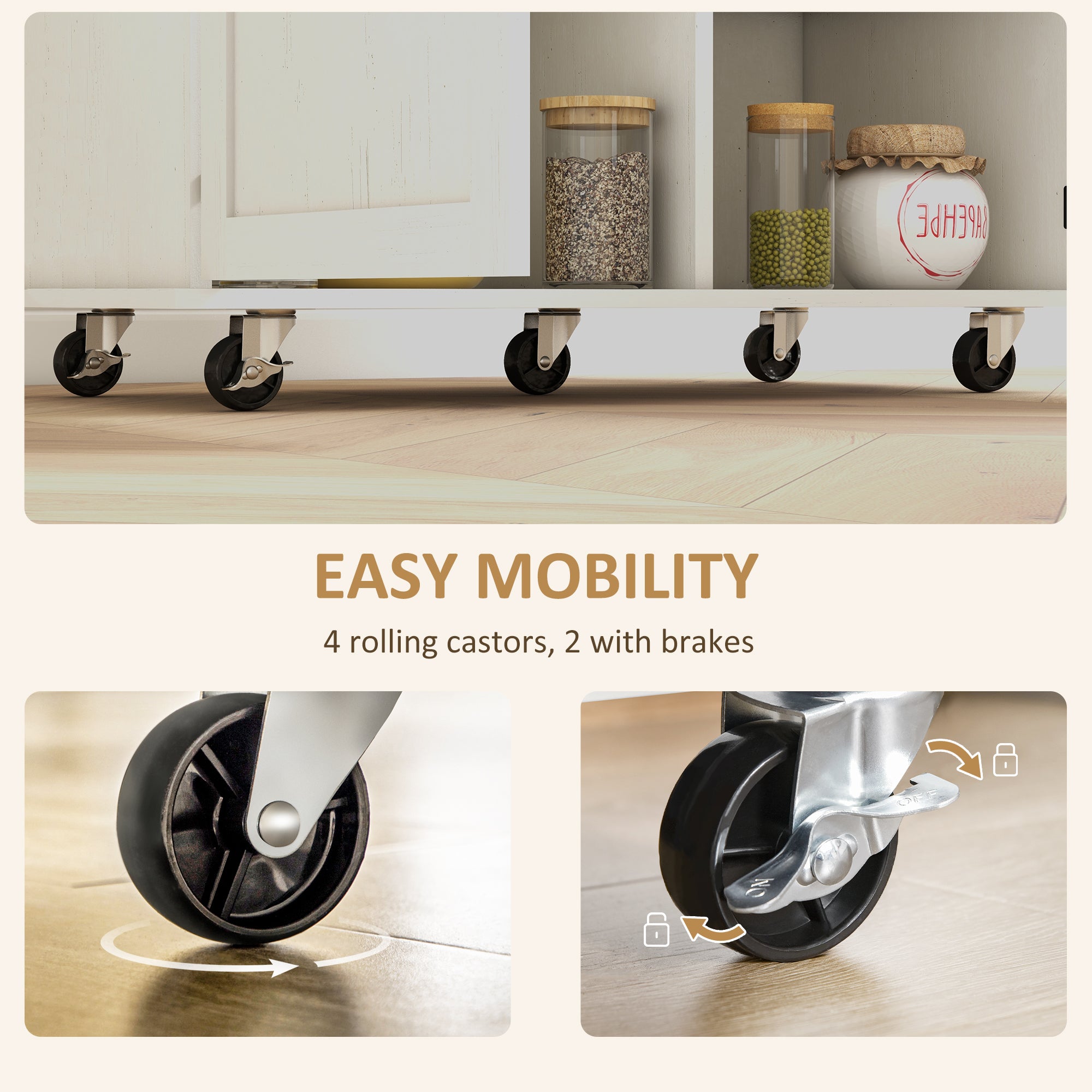 Farmhouse Rolling Kitchen Island, Wood Breakfast Bar w/ Wheels, Drawer & Doors, White