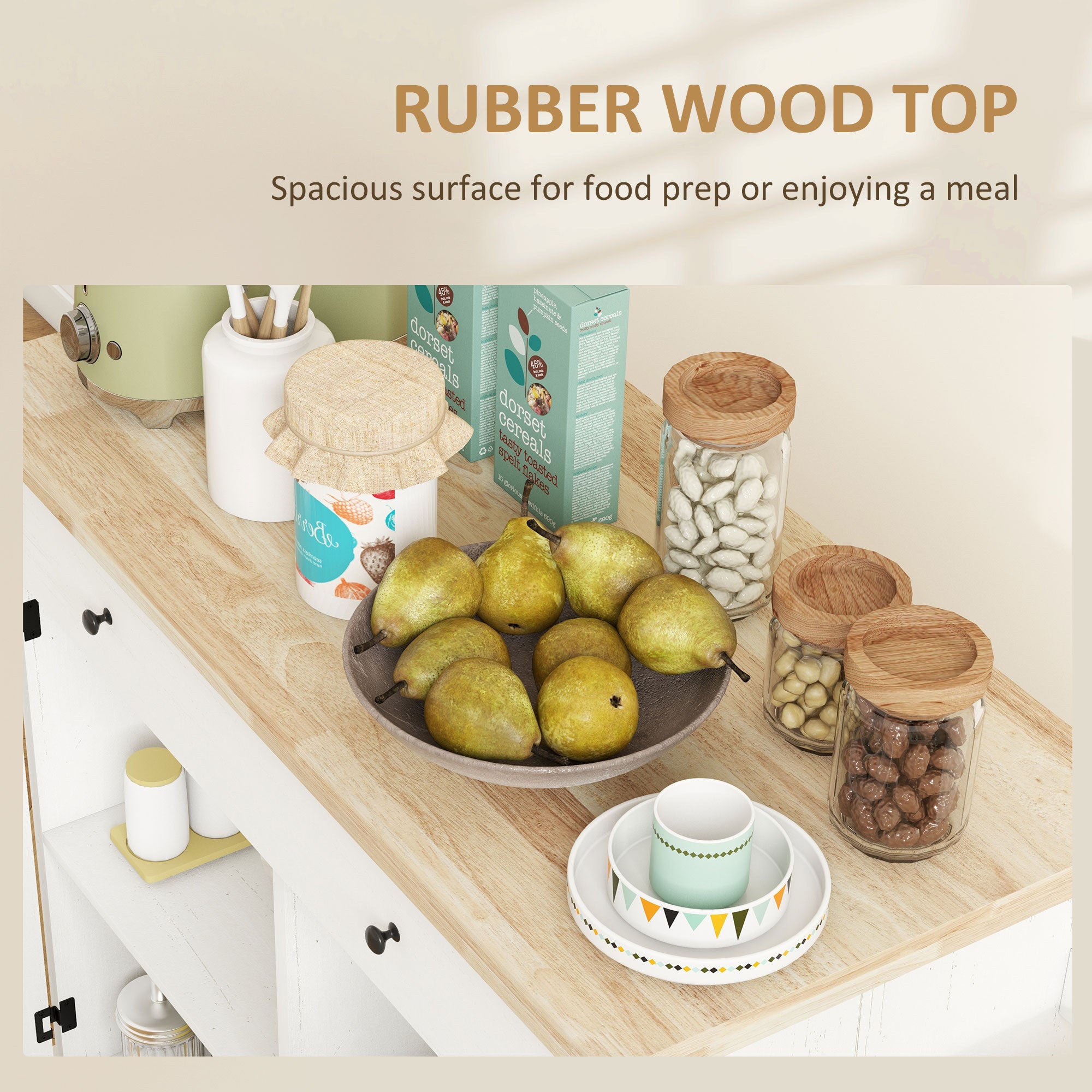 Farmhouse Rolling Kitchen Island, Wood Breakfast Bar w/ Wheels, Drawer & Doors, White