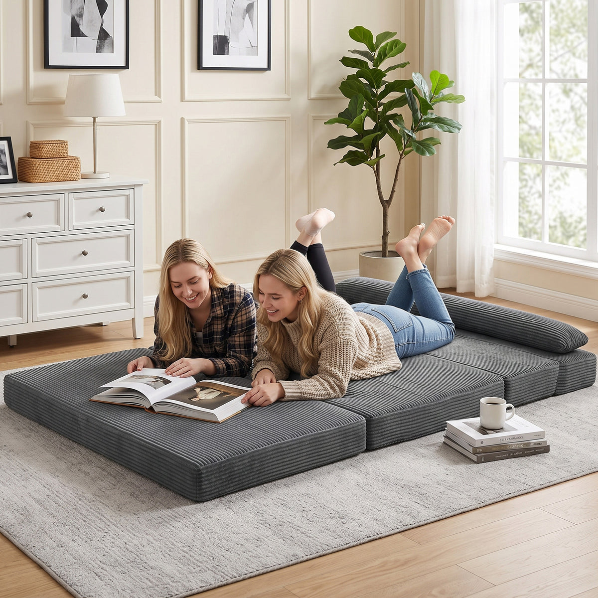 54" Folding Sofa Bed, Boneless Cloud Corduroy Sleeper Floor Chair, Floor Sofa with Back Support, Thick Cushion, Lumbar Pillow, Side Pockets for Living Room, Dark Grey