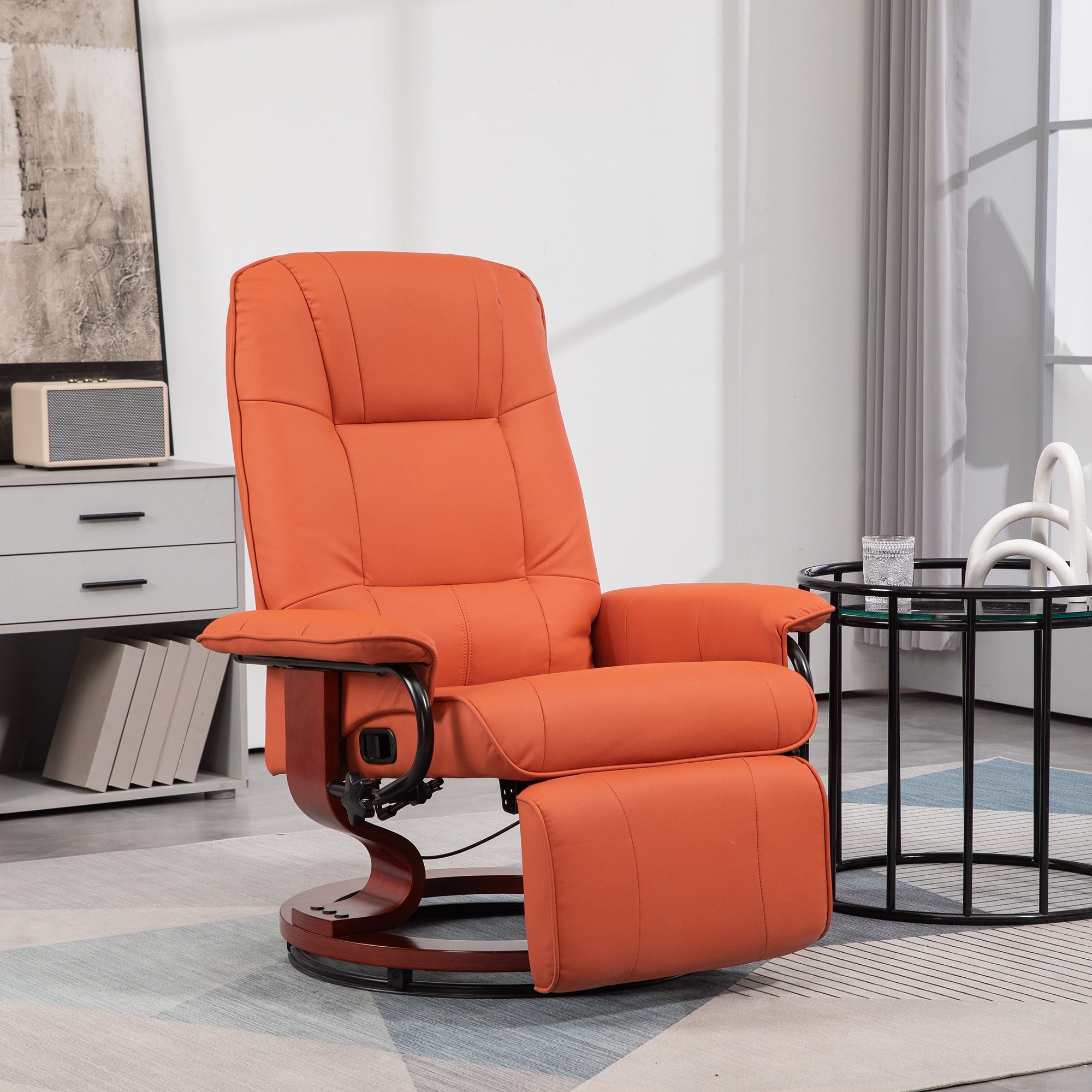 Faux Leather Recliner Chair, Swivel Recliner w/ Footrest, Armrest & Wood Base, Orange