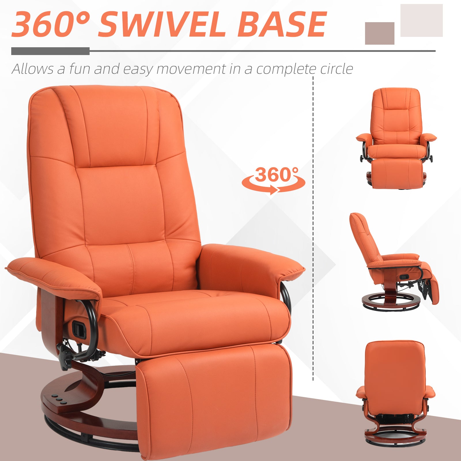 Faux Leather Recliner Chair, Swivel Recliner w/ Footrest, Armrest & Wood Base, Orange