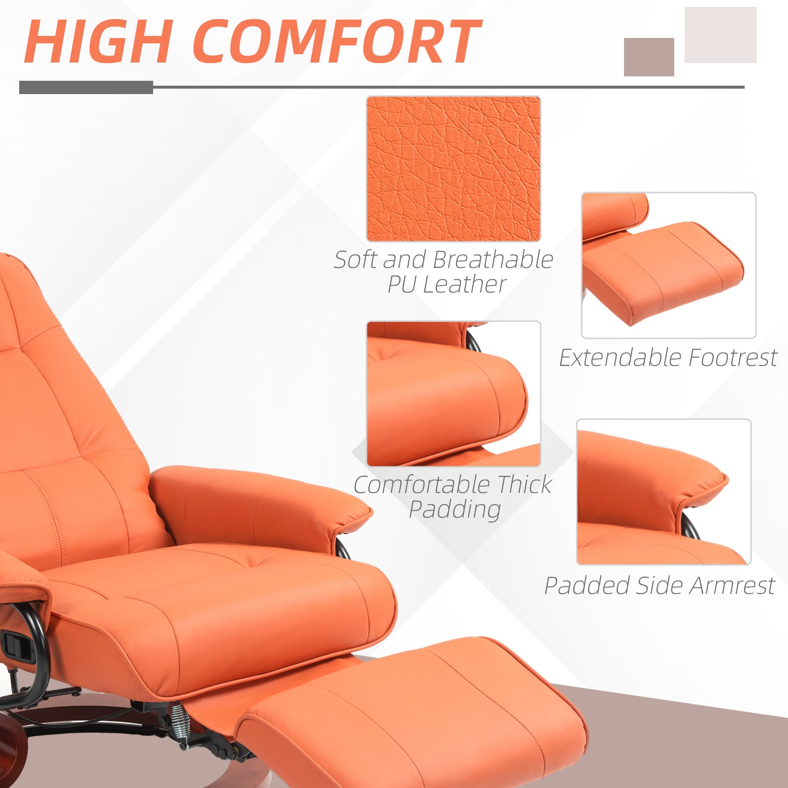Faux Leather Recliner Chair, Swivel Recliner w/ Footrest, Armrest & Wood Base, Orange