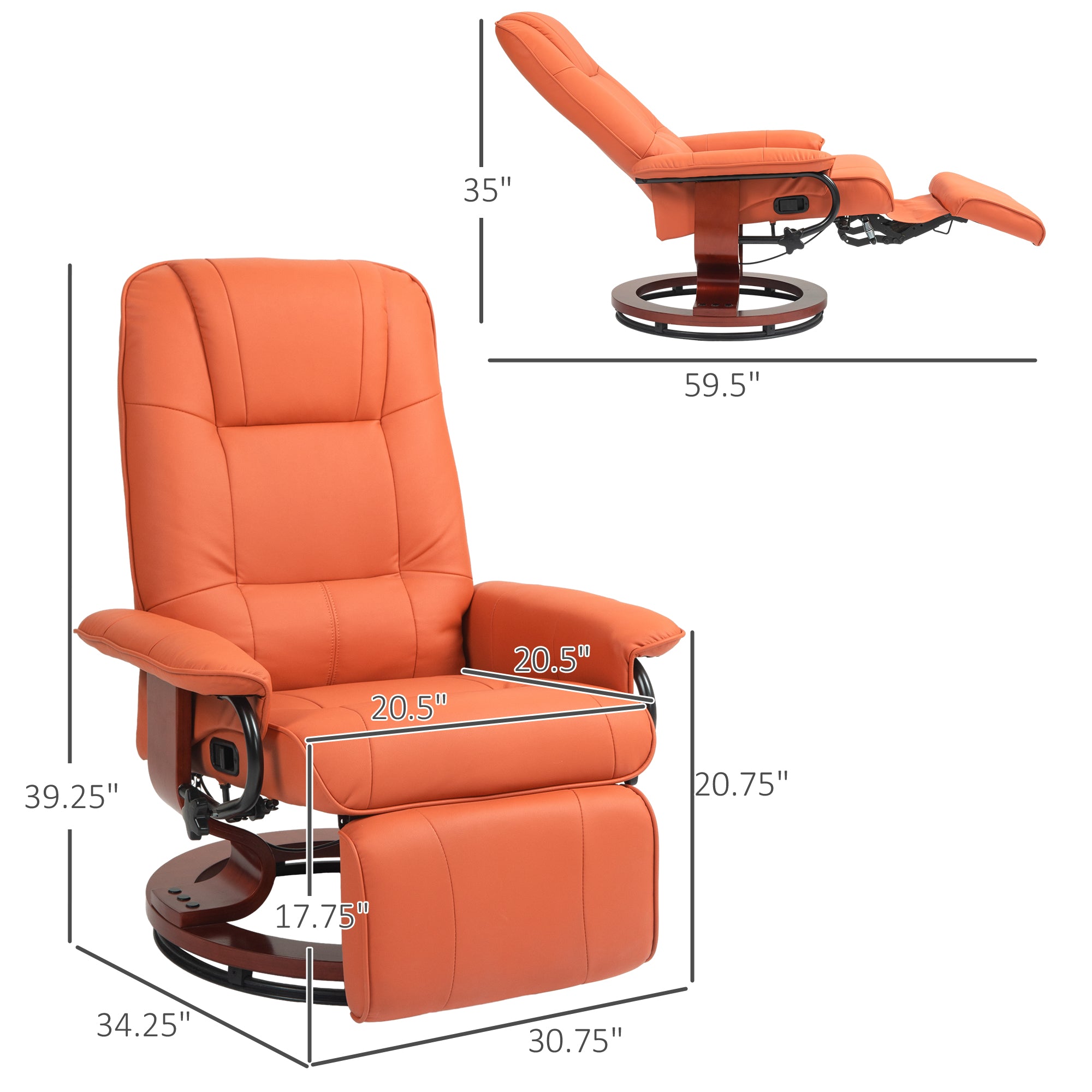 Faux Leather Recliner Chair, Swivel Recliner w/ Footrest, Armrest & Wood Base, Orange