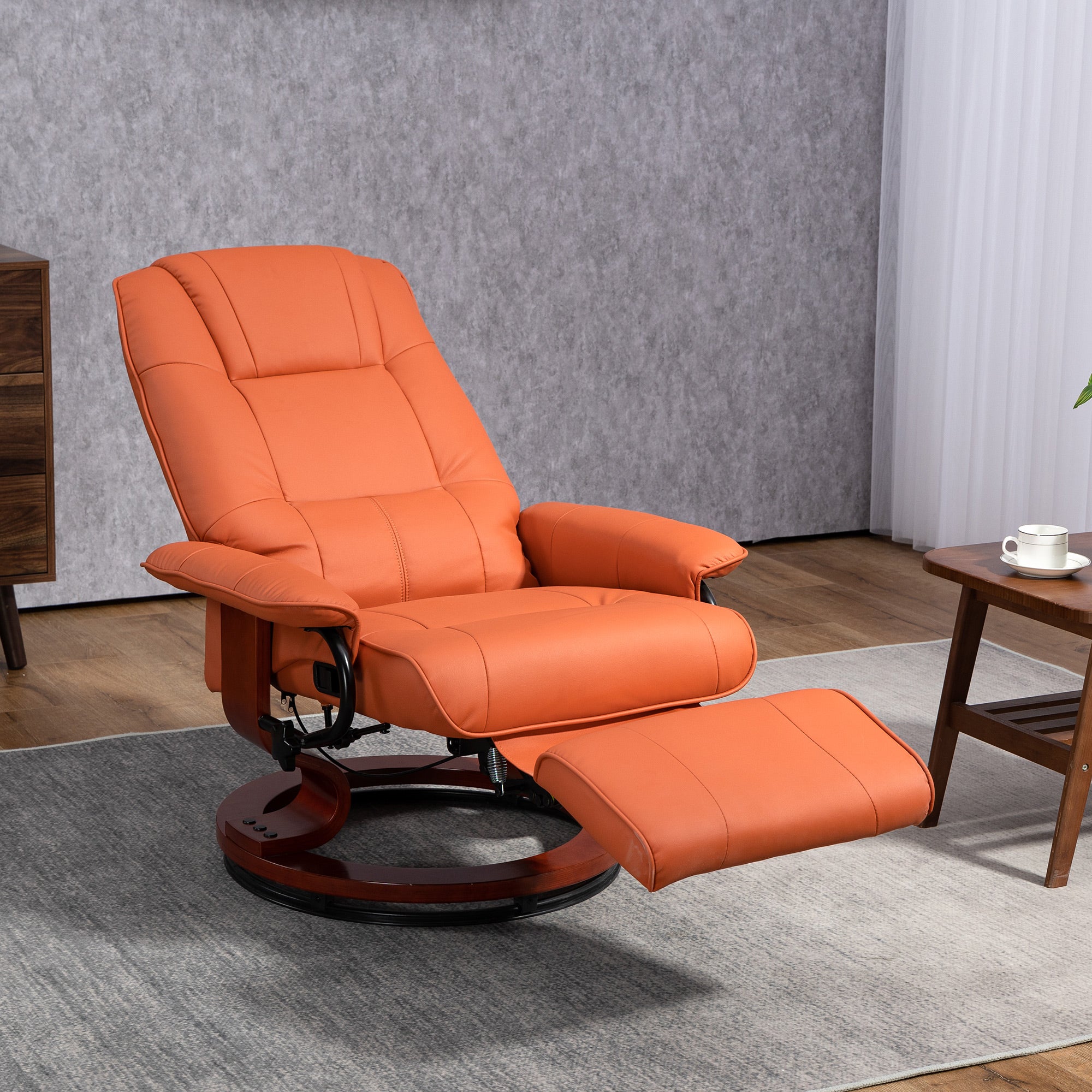 Faux Leather Recliner Chair, Swivel Recliner w/ Footrest, Armrest & Wood Base, Orange - HOMCOM