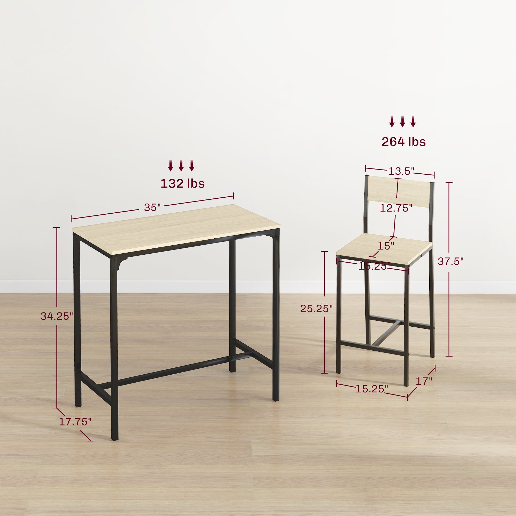 3 Piece Industrial Dining Table Set for 2, Counter Height Kitchen Table, Oak