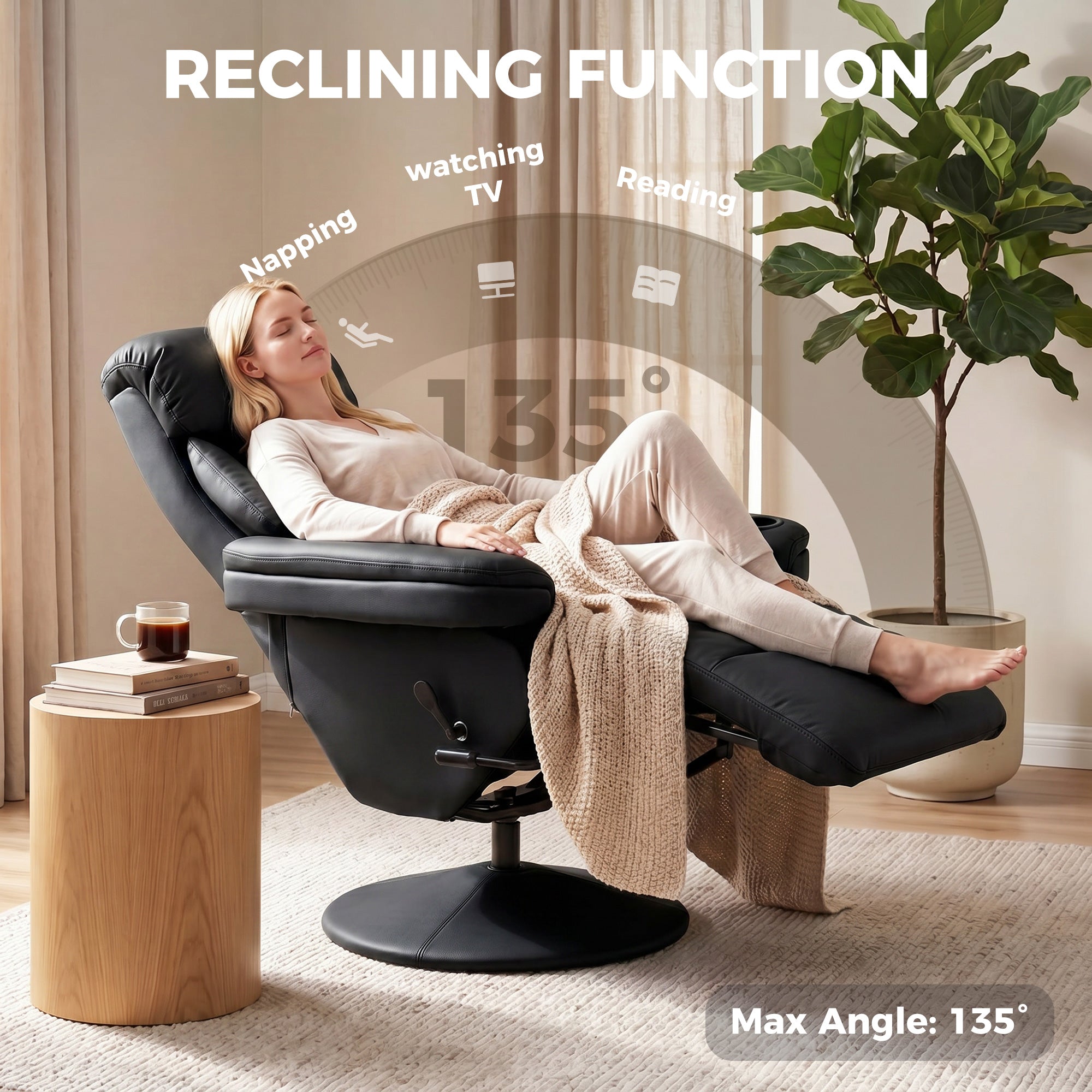 Manual Recliner Chair with Footrest, Upholstered Reclining Armchair with Adjustable Backrest and Cup Holder, PU Leather Swivel Chair for Living Room, Bedroom, Black