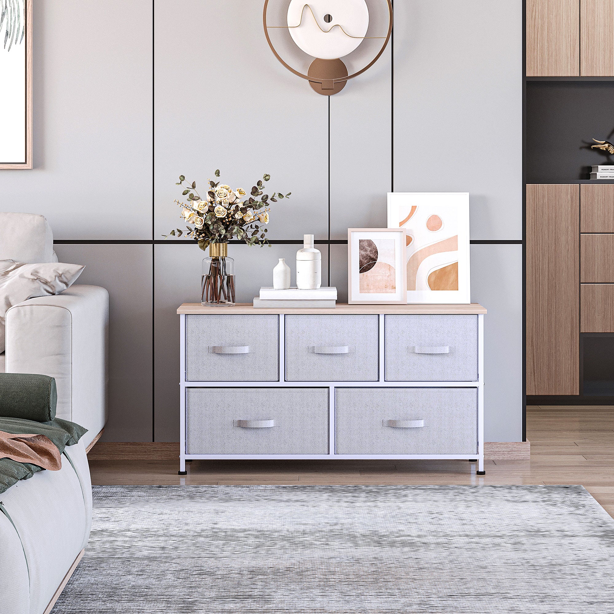Linen Drawer Cabinet Organizer Storage Dresser Tower with 5 Removable Drawer Metal Frame Adjustable Feet for Living Room, Kitchen, Bathroom, Grey