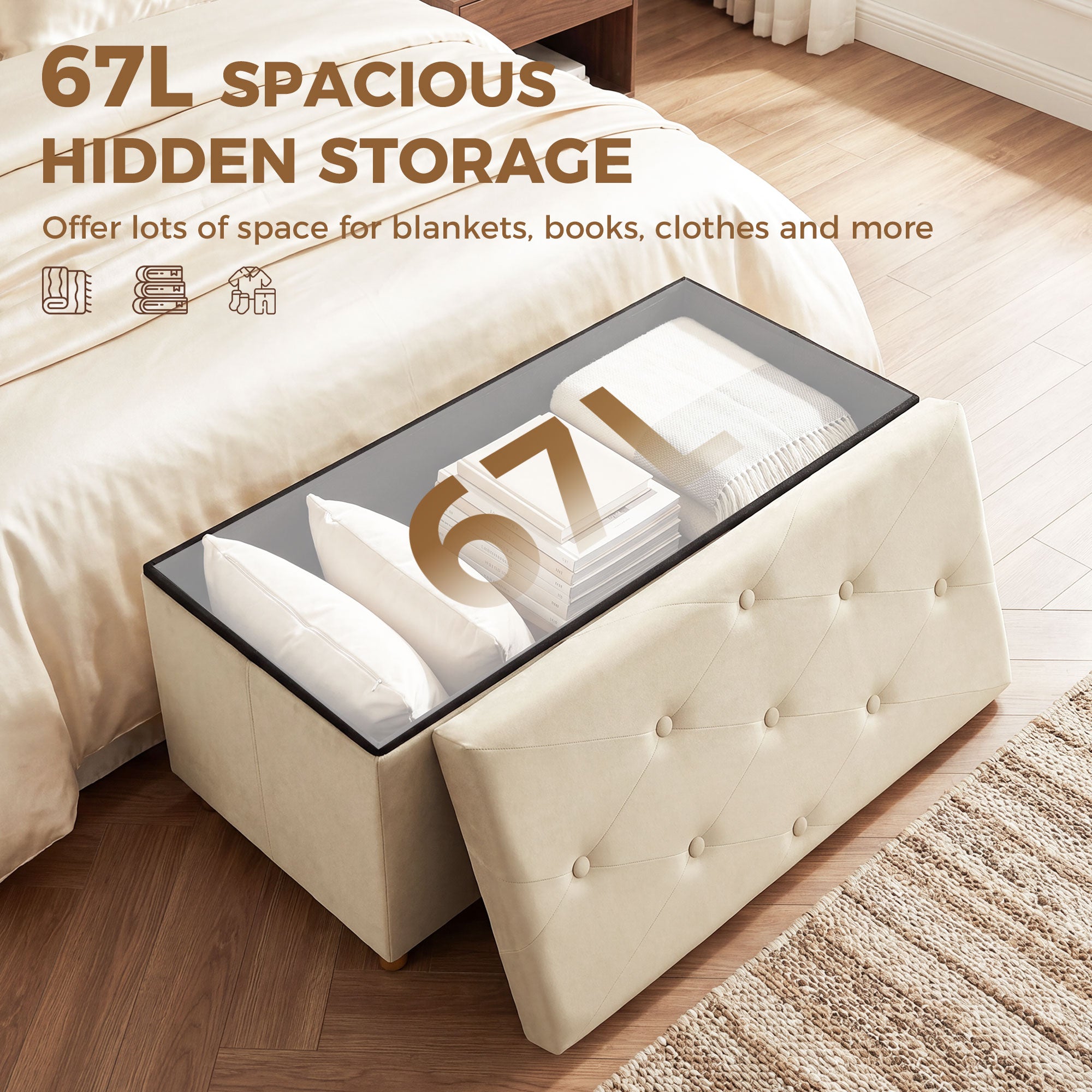 Storage Ottoman Bench, Velvet Upholstered Foldable Ottoman Footrest, Foot Stool with Wood Legs for Living Room, Bedroom, Entryway, Cream White