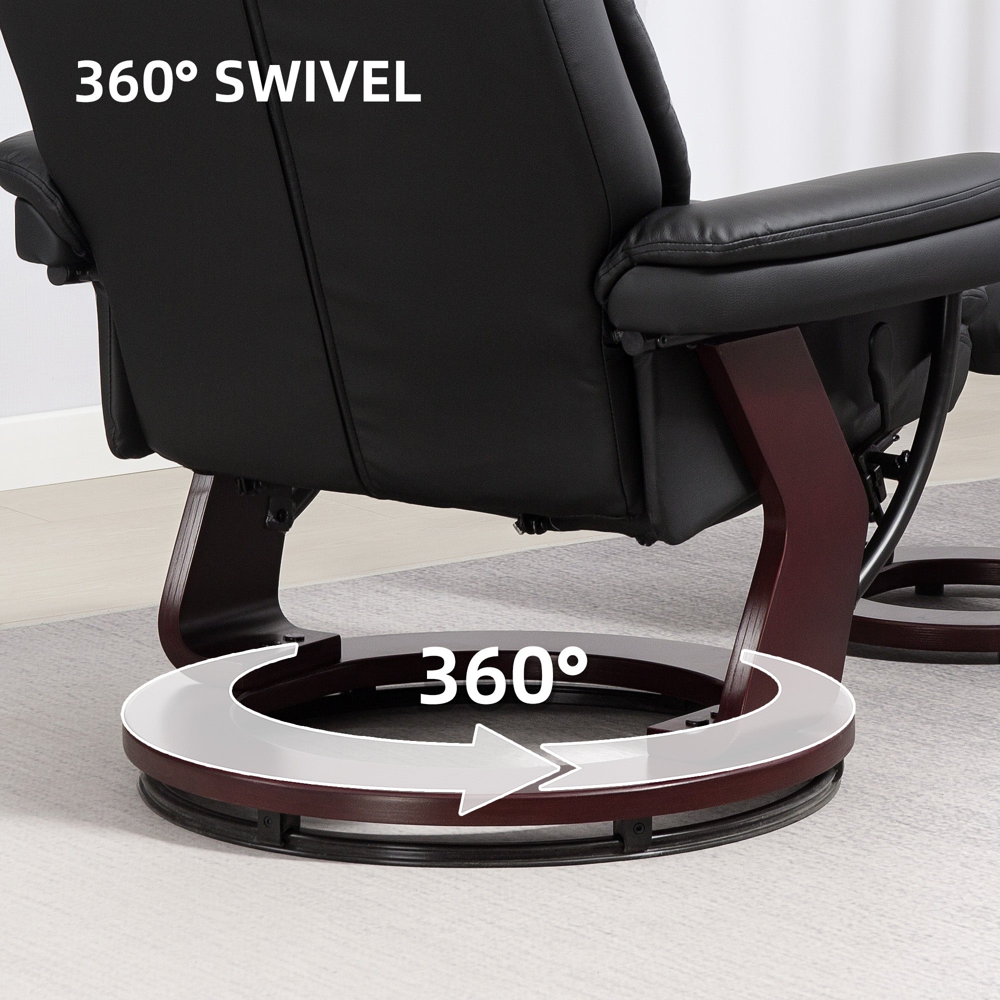 HOMCOM Swivel Recliner Chair with Ottoman, PU Leather Recliner with Adjustable Backrest, Footrest, Wood Base, Upholstered Reclining Chair for Living Room, Bedroom, Office, Black