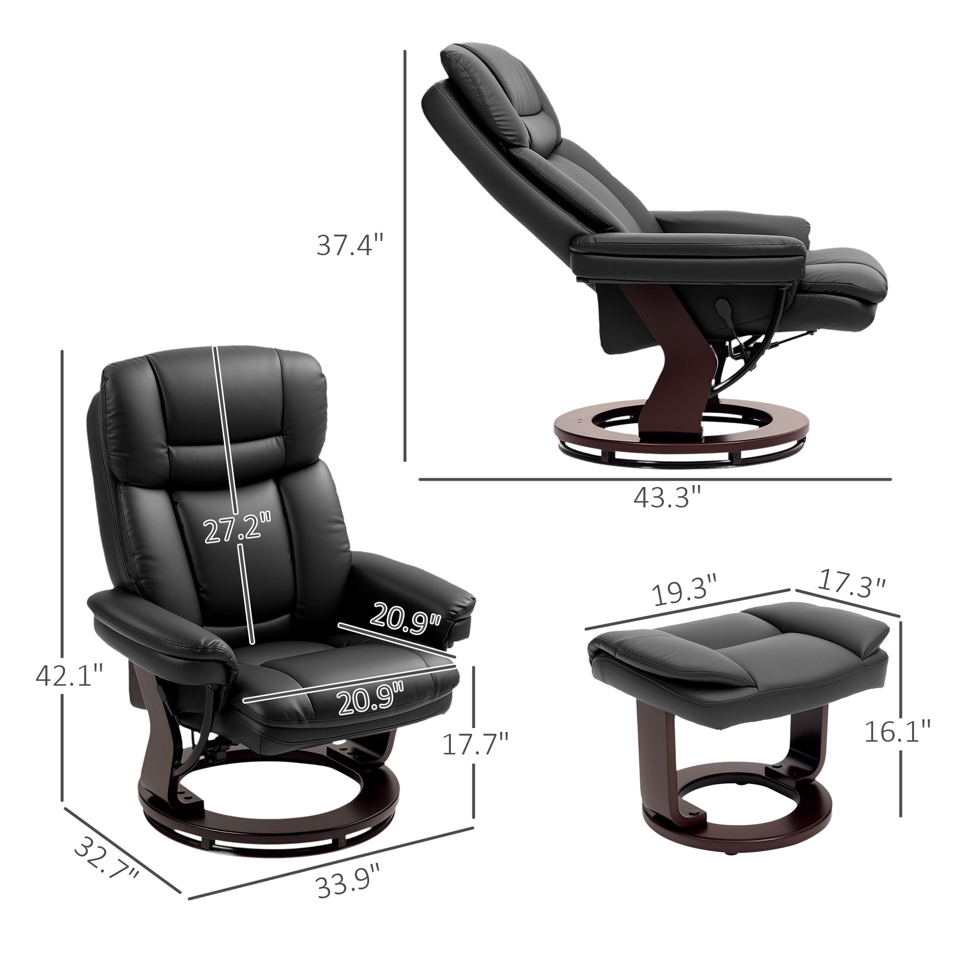 HOMCOM Swivel Recliner Chair with Ottoman, PU Leather Recliner with Adjustable Backrest, Footrest, Wood Base, Upholstered Reclining Chair for Living Room, Bedroom, Office, Black