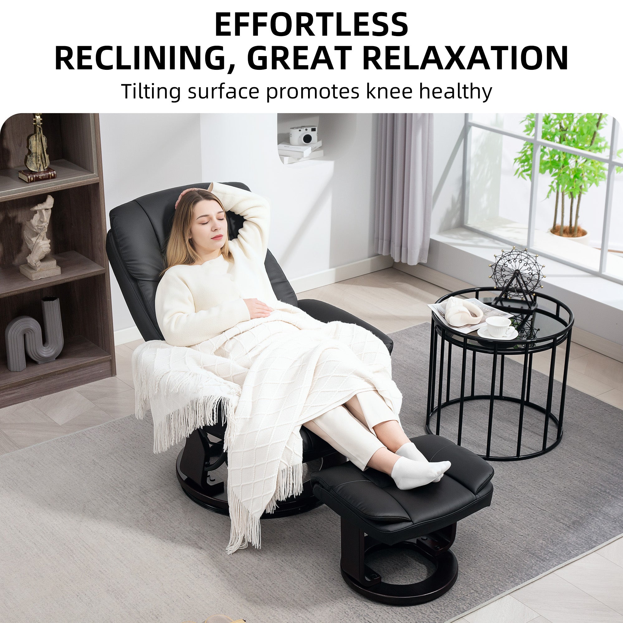 HOMCOM Swivel Recliner Chair with Ottoman, PU Leather Recliner with Adjustable Backrest, Footrest, Wood Base, Upholstered Reclining Chair for Living Room, Bedroom, Office, Black