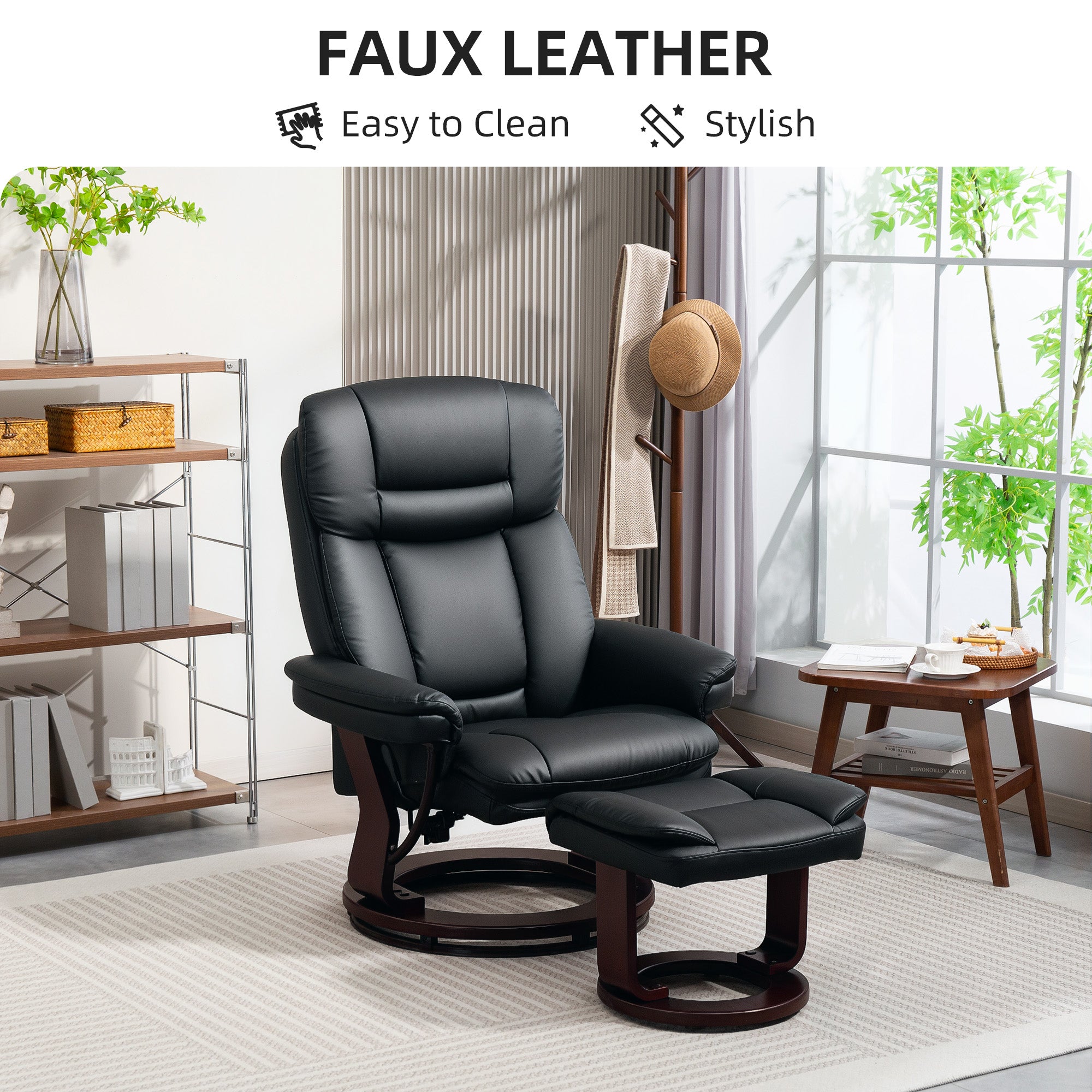 HOMCOM Swivel Recliner Chair with Ottoman, PU Leather Recliner with Adjustable Backrest, Footrest, Wood Base, Upholstered Reclining Chair for Living Room, Bedroom, Office, Black