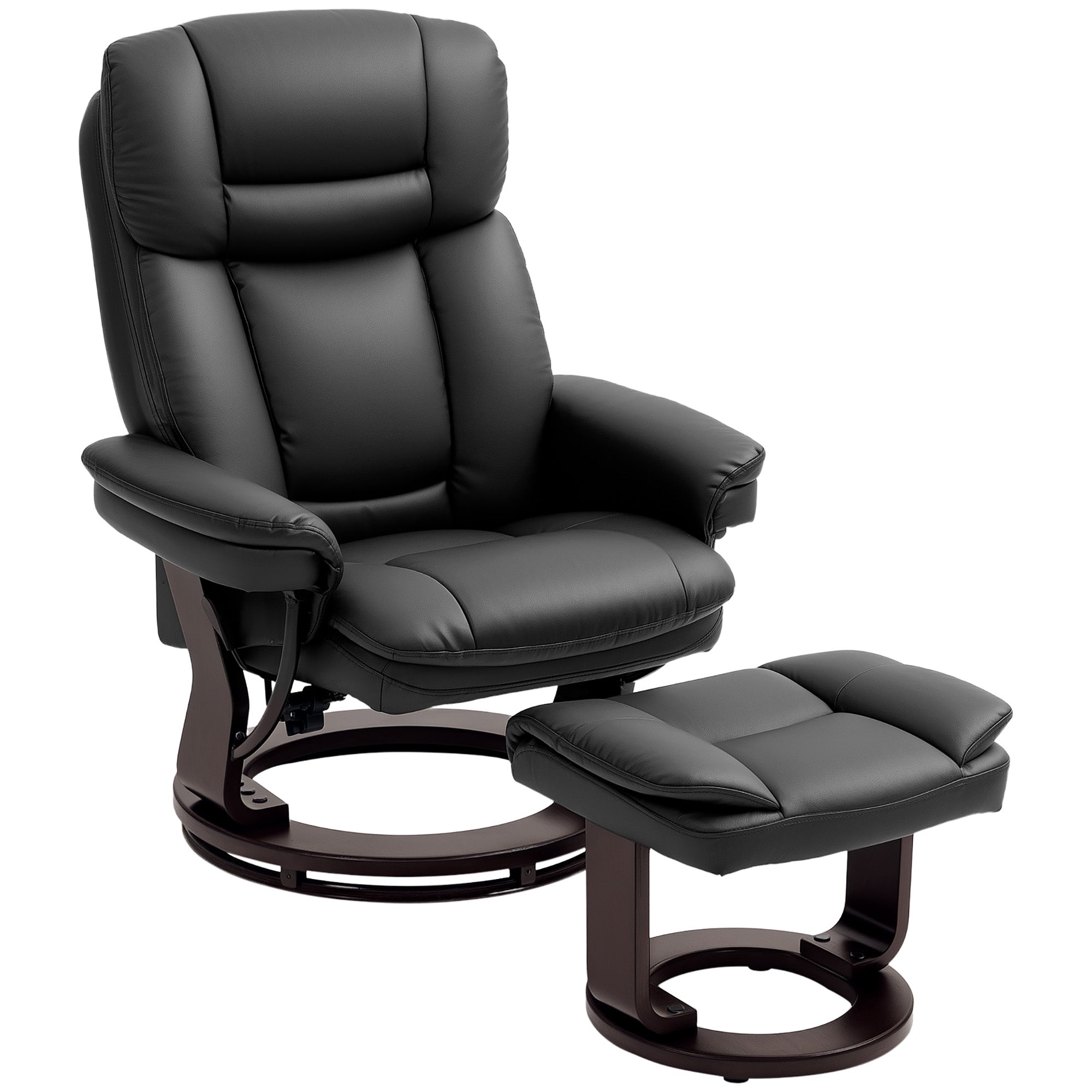 HOMCOM Swivel Recliner Chair with Ottoman, PU Leather Recliner with Adjustable Backrest, Footrest, Wood Base, Upholstered Reclining Chair for Living Room, Bedroom, Office, Black