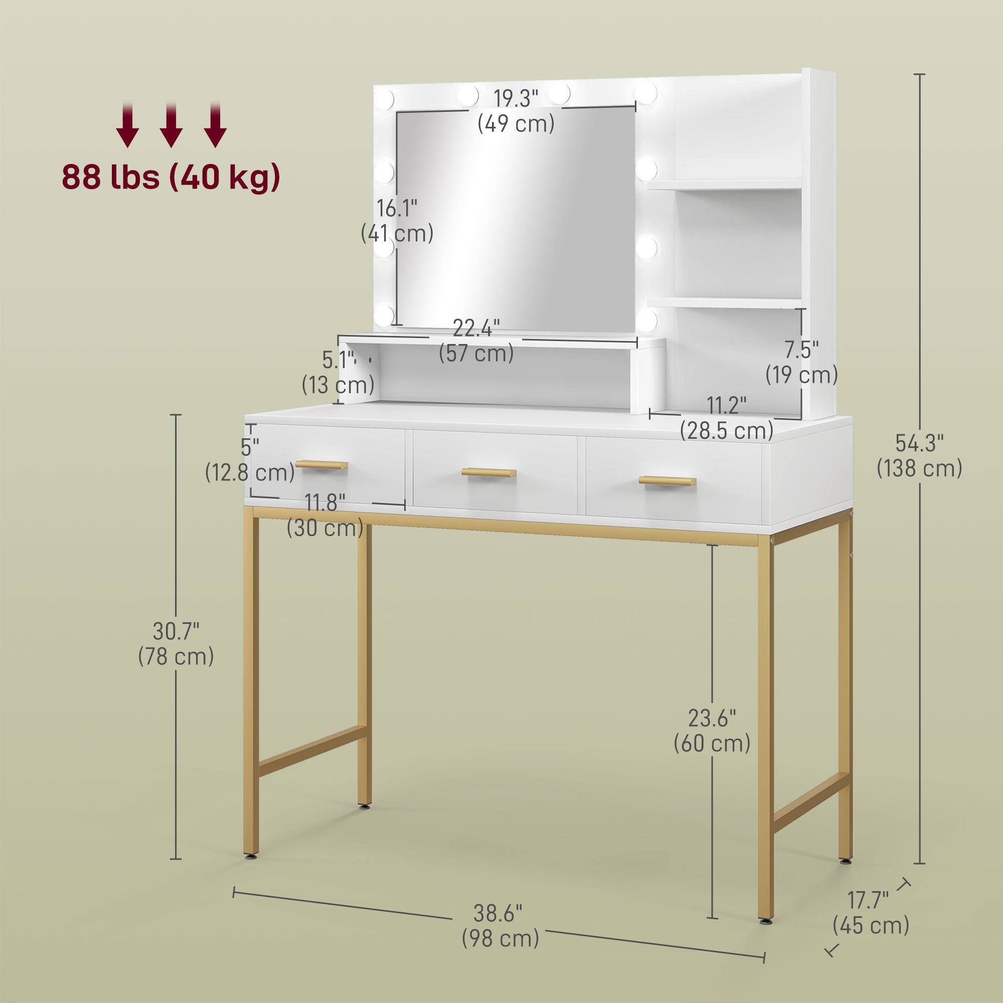 HOMCOM Vanity Table with Illuminated LED Mirror, Makeup Desk with 3 Drawers, Bedroom Dressing Table with Storage Shelves (White)