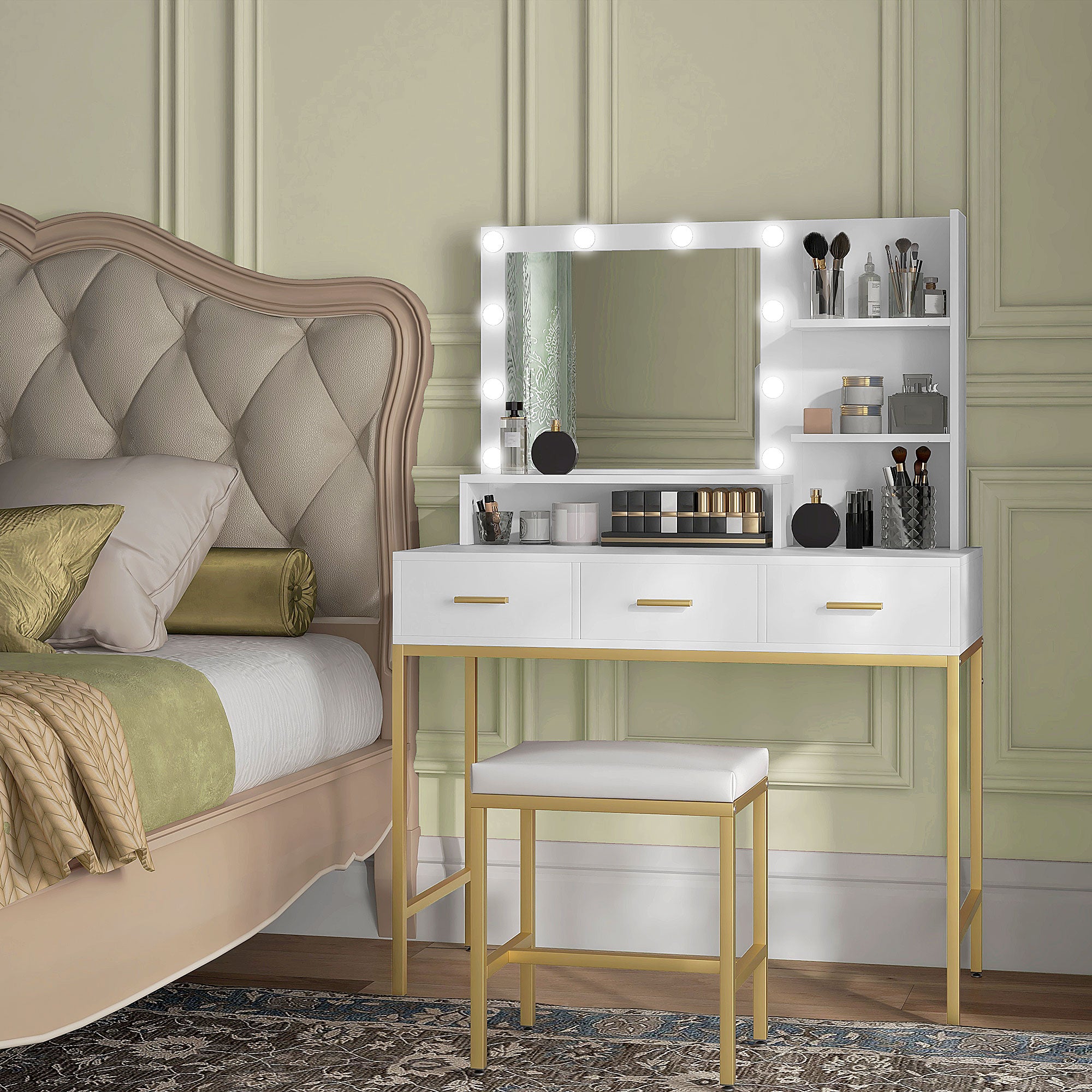 HOMCOM Vanity Table with Illuminated LED Mirror, Makeup Desk with 3 Drawers, Bedroom Dressing Table with Storage Shelves (White)