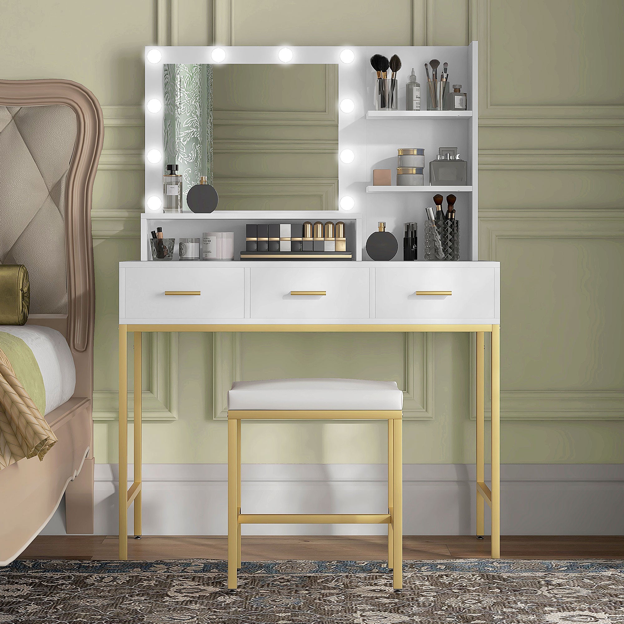 HOMCOM Vanity Table with Illuminated LED Mirror, Makeup Desk with 3 Drawers, Bedroom Dressing Table with Storage Shelves (White)
