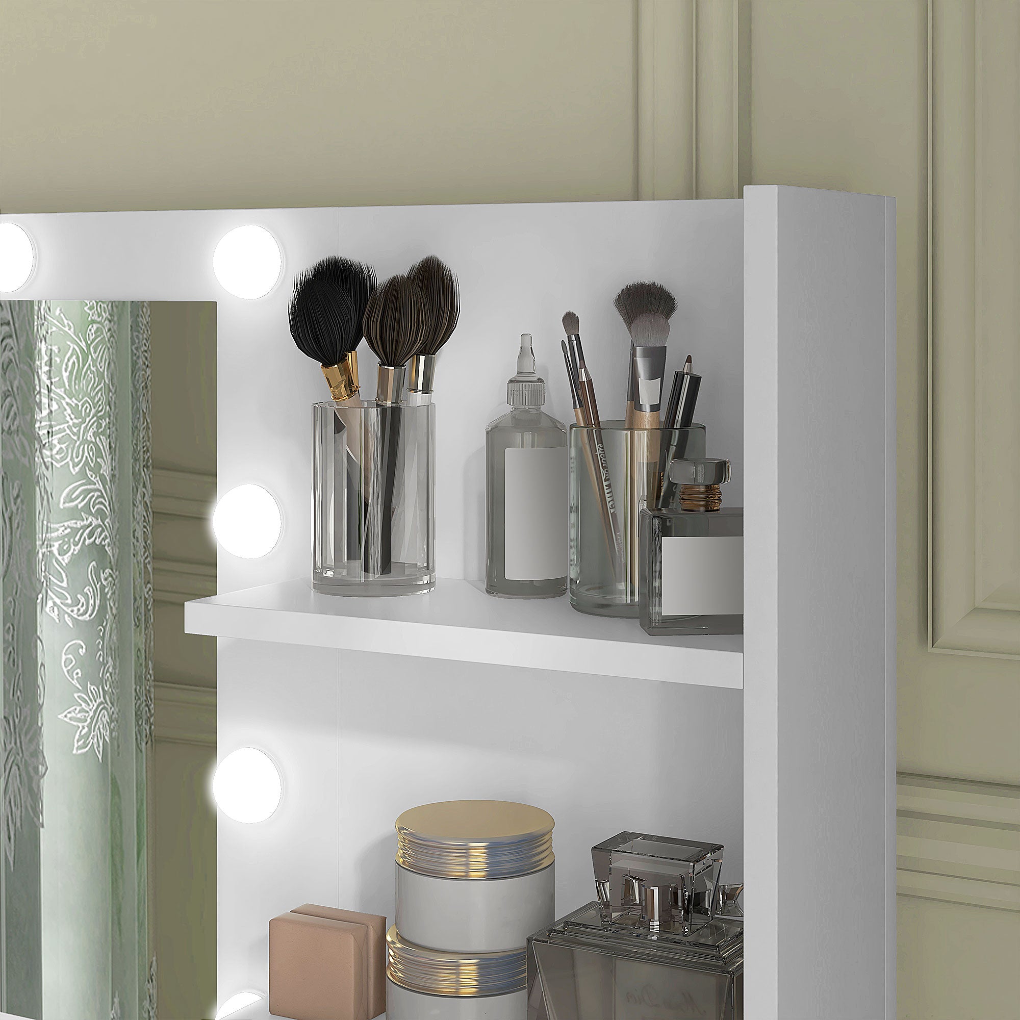 HOMCOM Vanity Table with Illuminated LED Mirror, Makeup Desk with 3 Drawers, Bedroom Dressing Table with Storage Shelves (White)