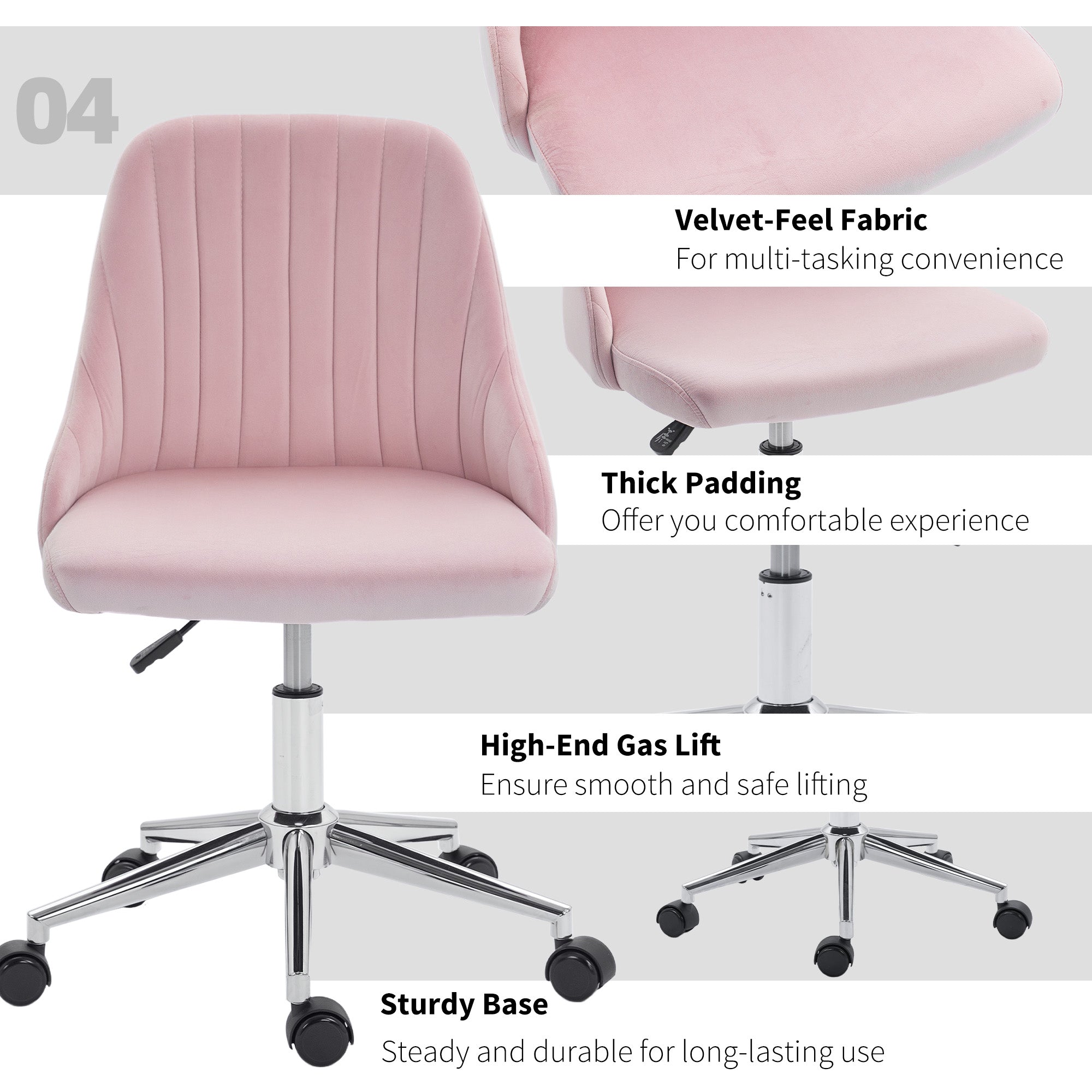 Vanity Chair for Makeup, Velvet Comfy Office Chair with Adjustable Height, Swivel Wheels for Bedroom, Living Room, Pink