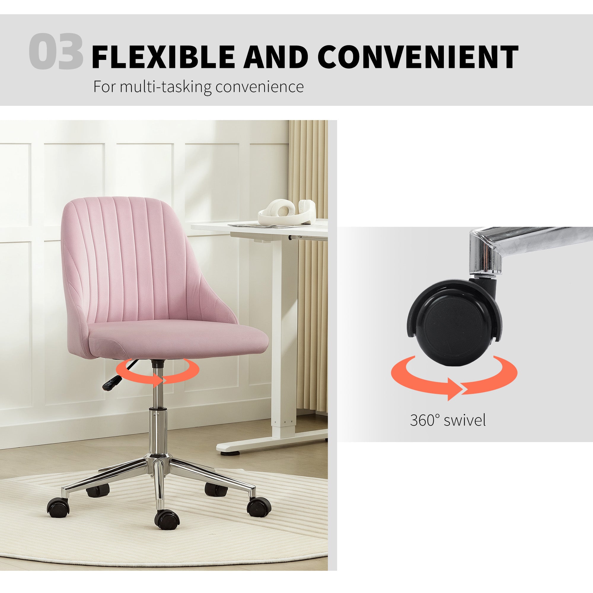 Vanity Chair for Makeup, Velvet Comfy Office Chair with Adjustable Height, Swivel Wheels for Bedroom, Living Room, Pink