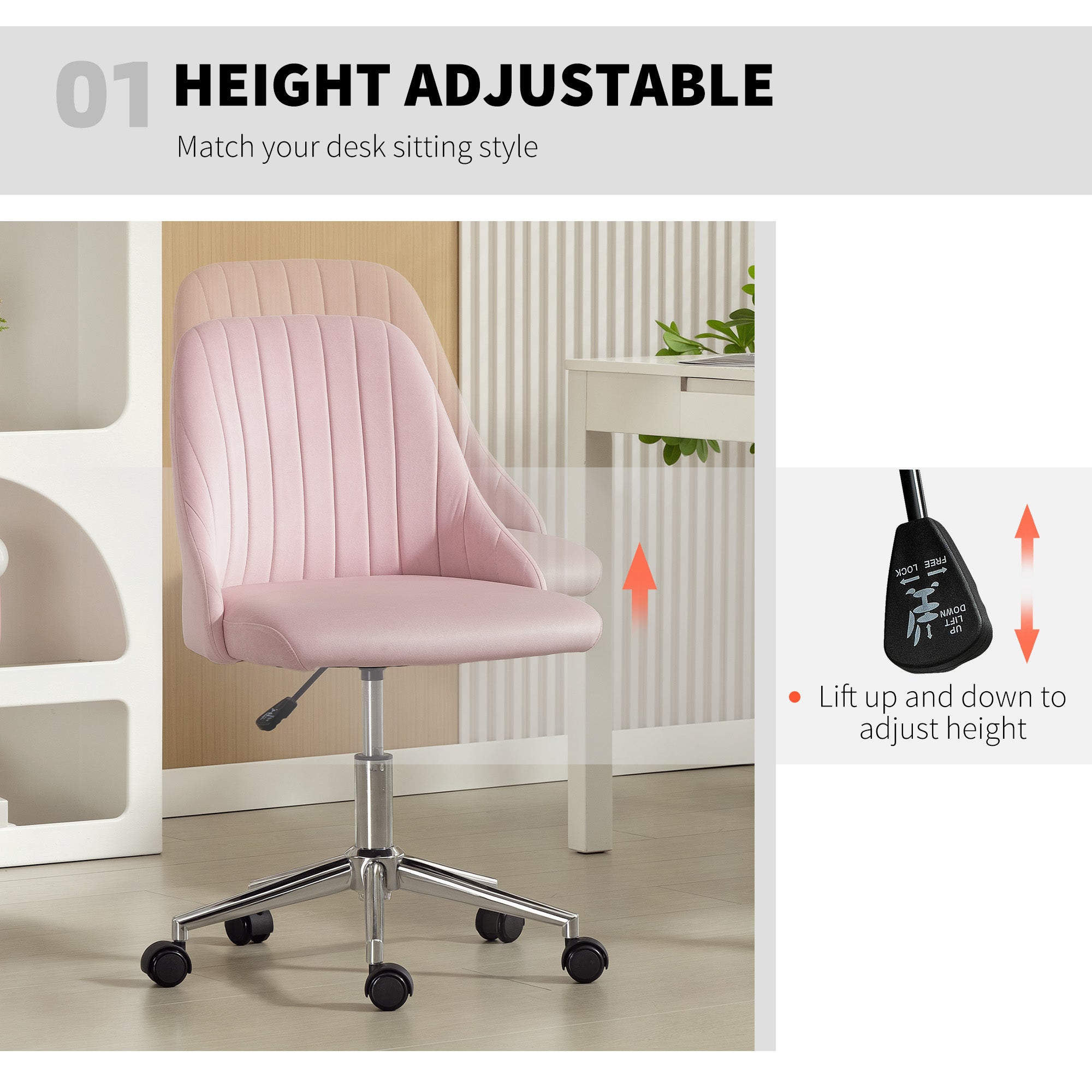 Vanity Chair for Makeup, Velvet Comfy Office Chair with Adjustable Height, Swivel Wheels for Bedroom, Living Room, Pink