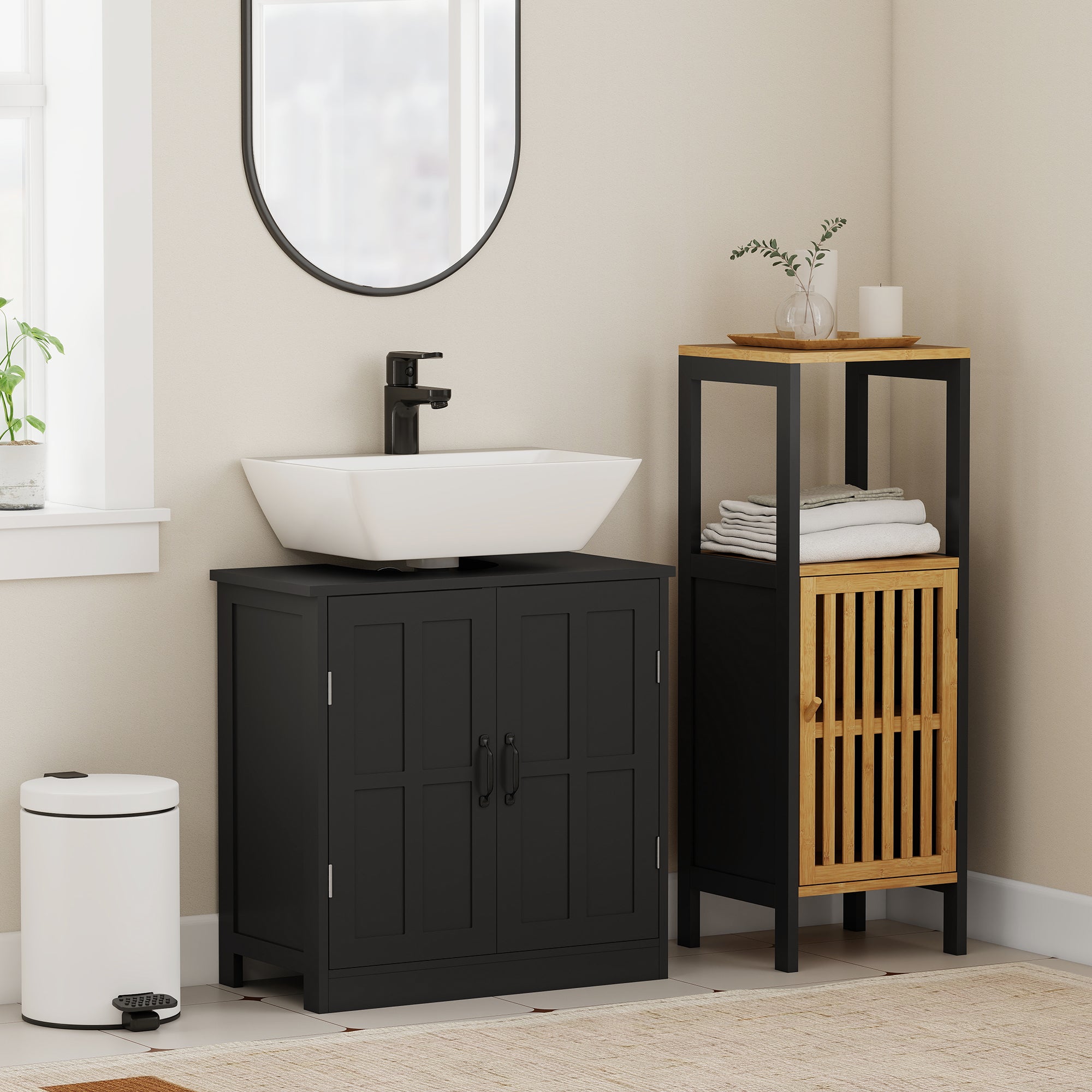 Pedestal Under Sink Cabinet, Bathroom Vanity Cabinet Storage with Double Doors and Adjustable Shelf, Black