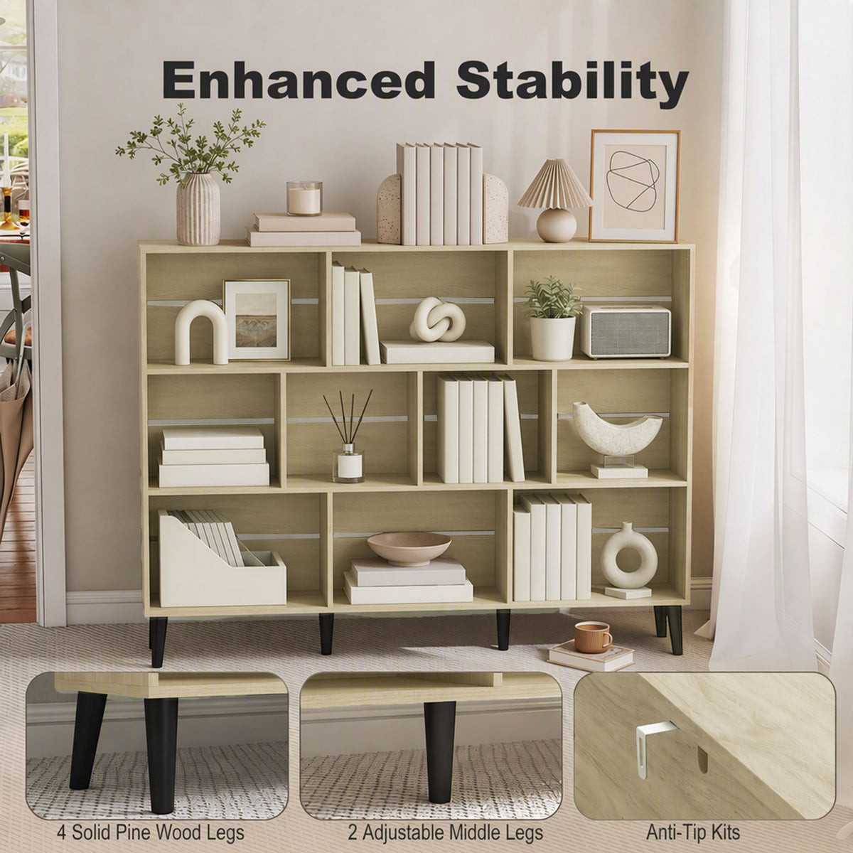 10-Cube Bookshelf, 3-Tier Bookcase with Solid Wood Legs, 140 cm Modern Freestanding Book Shelf with Anti-Tip Kit for Bedroom Living Room Study Office, Oak