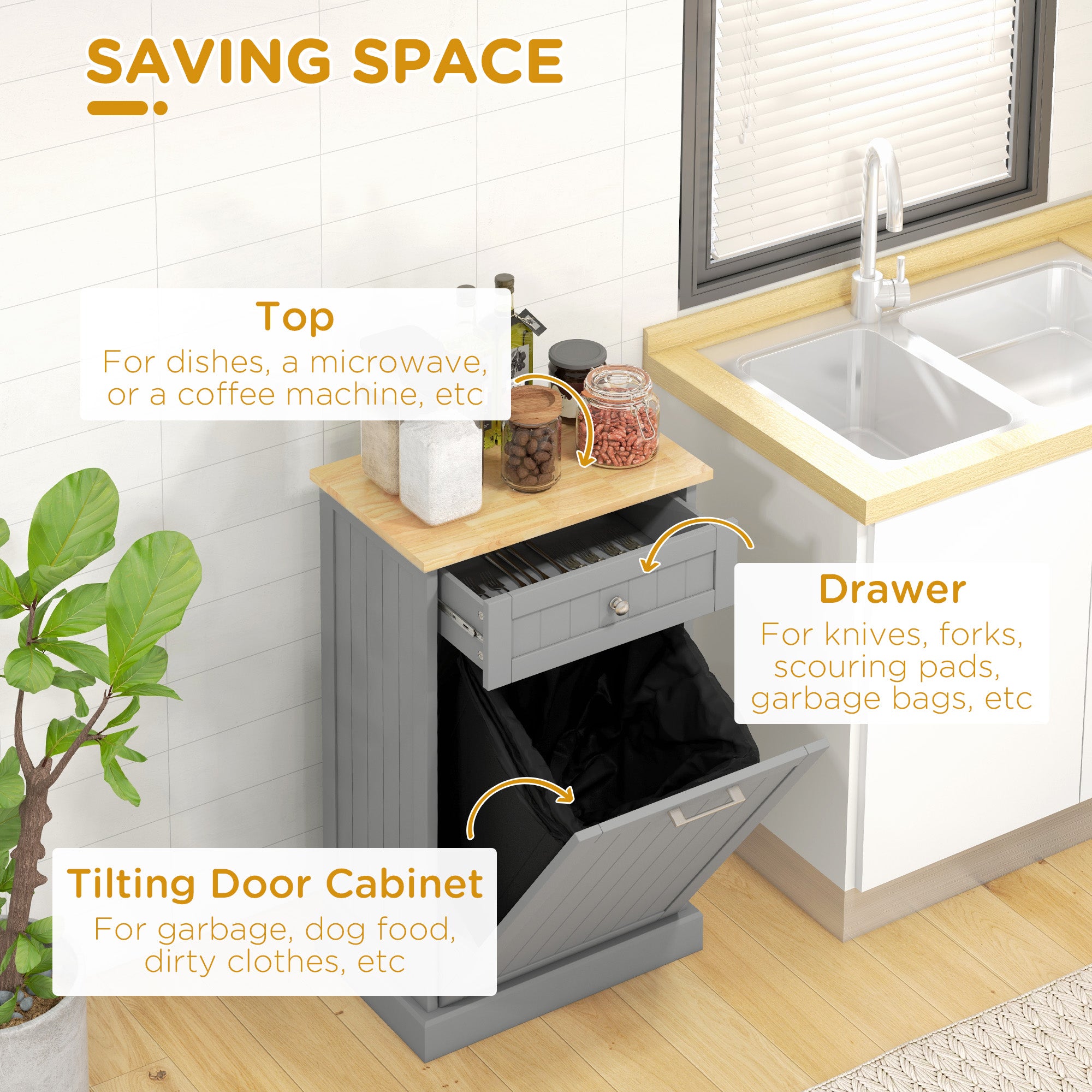 Hidden Container Waste Bin Hands Free Kitchen Cabinet Tipping Opening