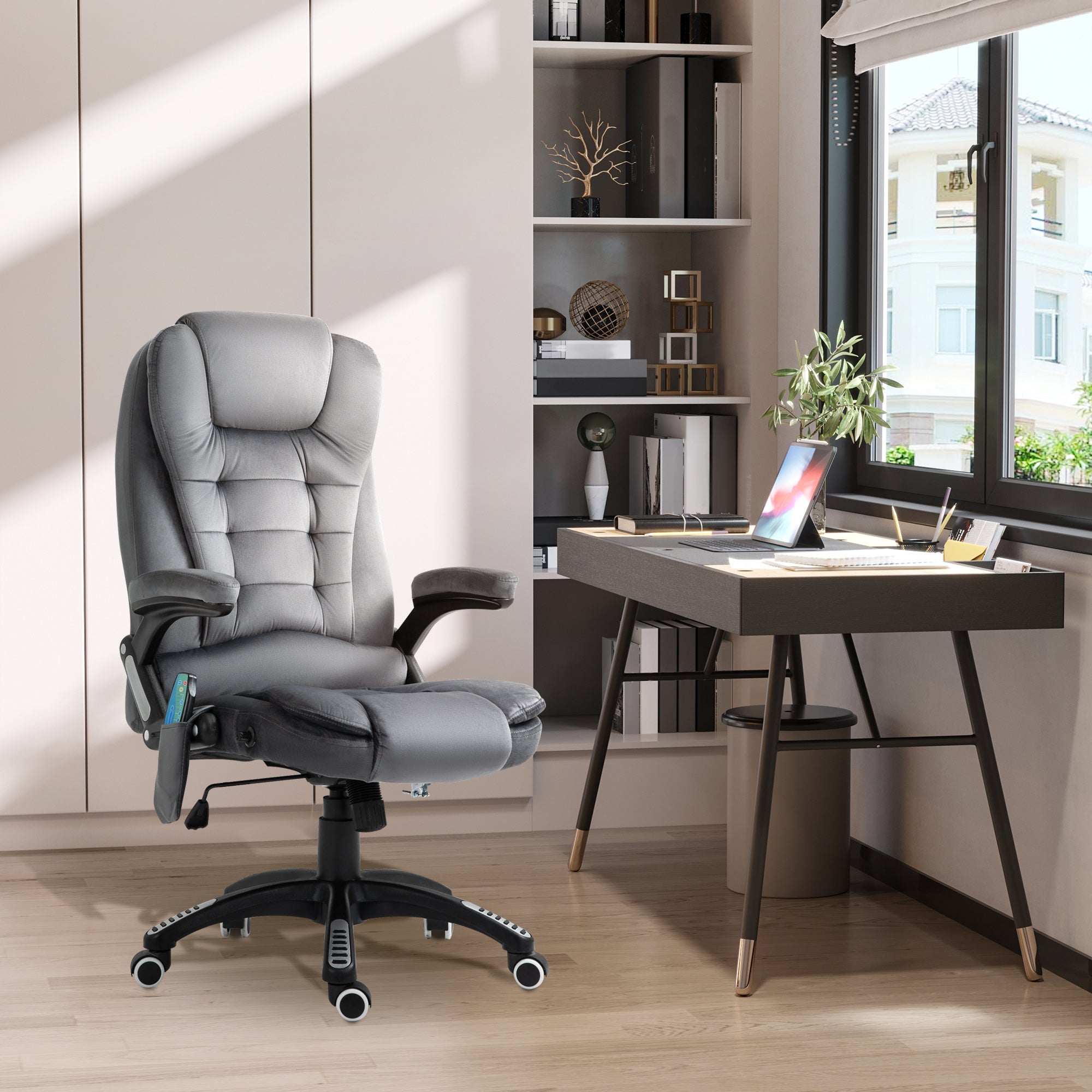 Vinsetto Office Chair, Ergonomic Desk Chair with 6-Point Massage and Back Heated, Velvet-Feel Fabric Computer Gaming Chair with Arms, Lumbar Support, Gray