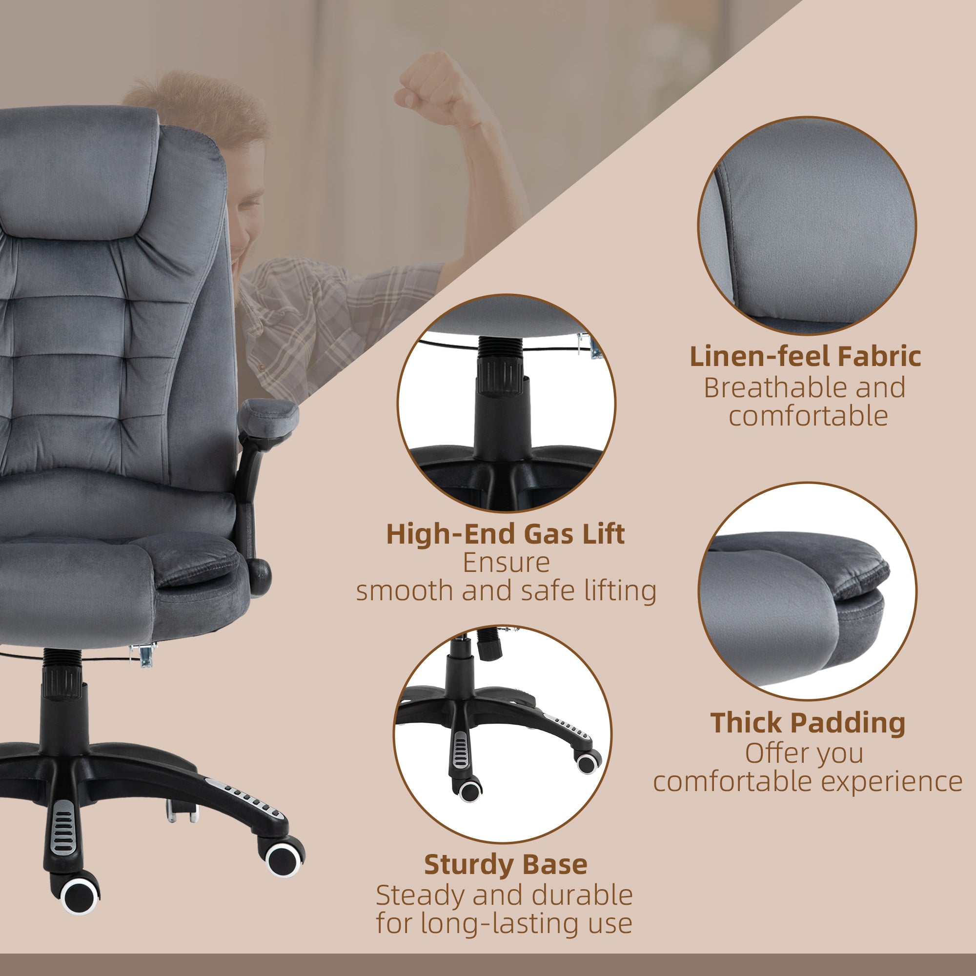Vinsetto Office Chair, Ergonomic Desk Chair with 6-Point Massage and Back Heated, Velvet-Feel Fabric Computer Gaming Chair with Arms, Lumbar Support, Gray