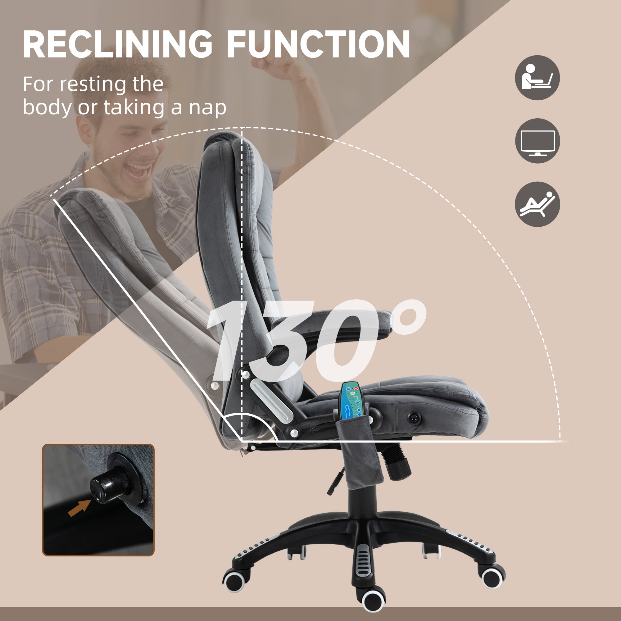 Vinsetto Office Chair, Ergonomic Desk Chair with 6-Point Massage and Back Heated, Velvet-Feel Fabric Computer Gaming Chair with Arms, Lumbar Support, Gray