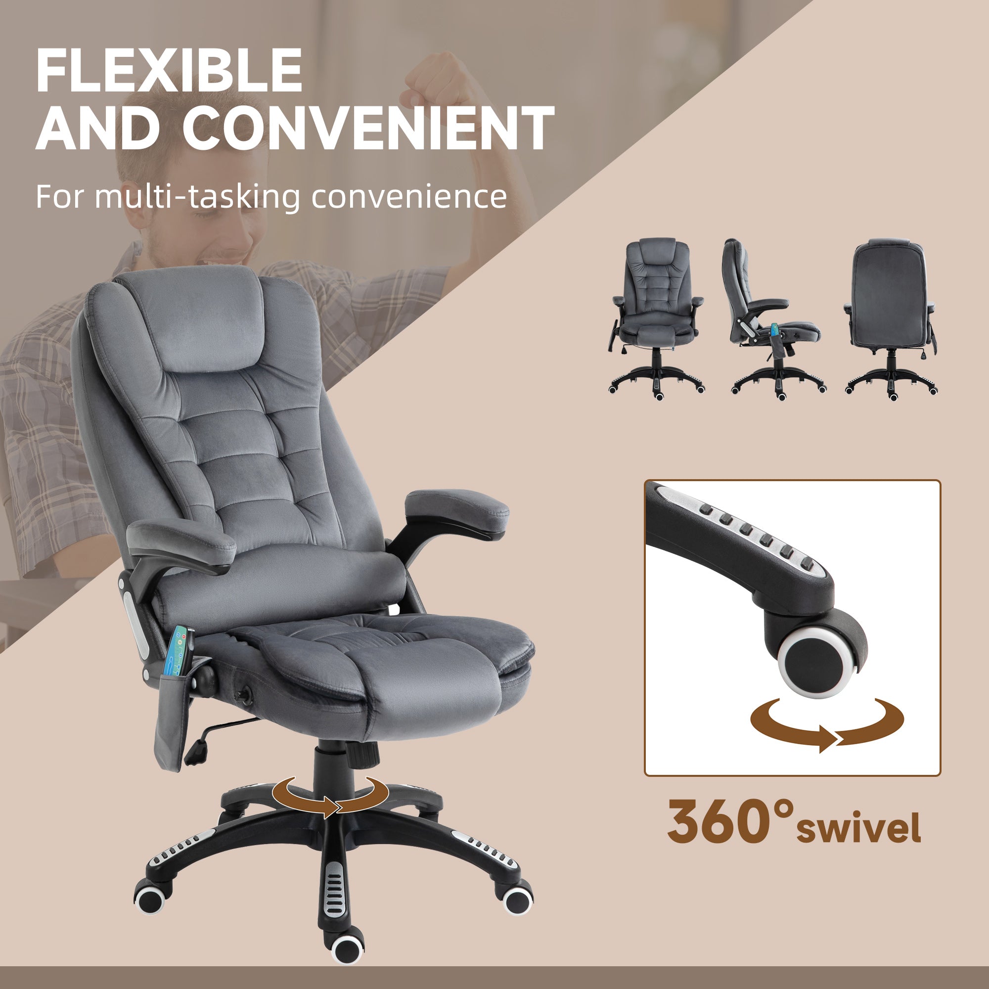Vinsetto Office Chair, Ergonomic Desk Chair with 6-Point Massage and Back Heated, Velvet-Feel Fabric Computer Gaming Chair with Arms, Lumbar Support, Gray