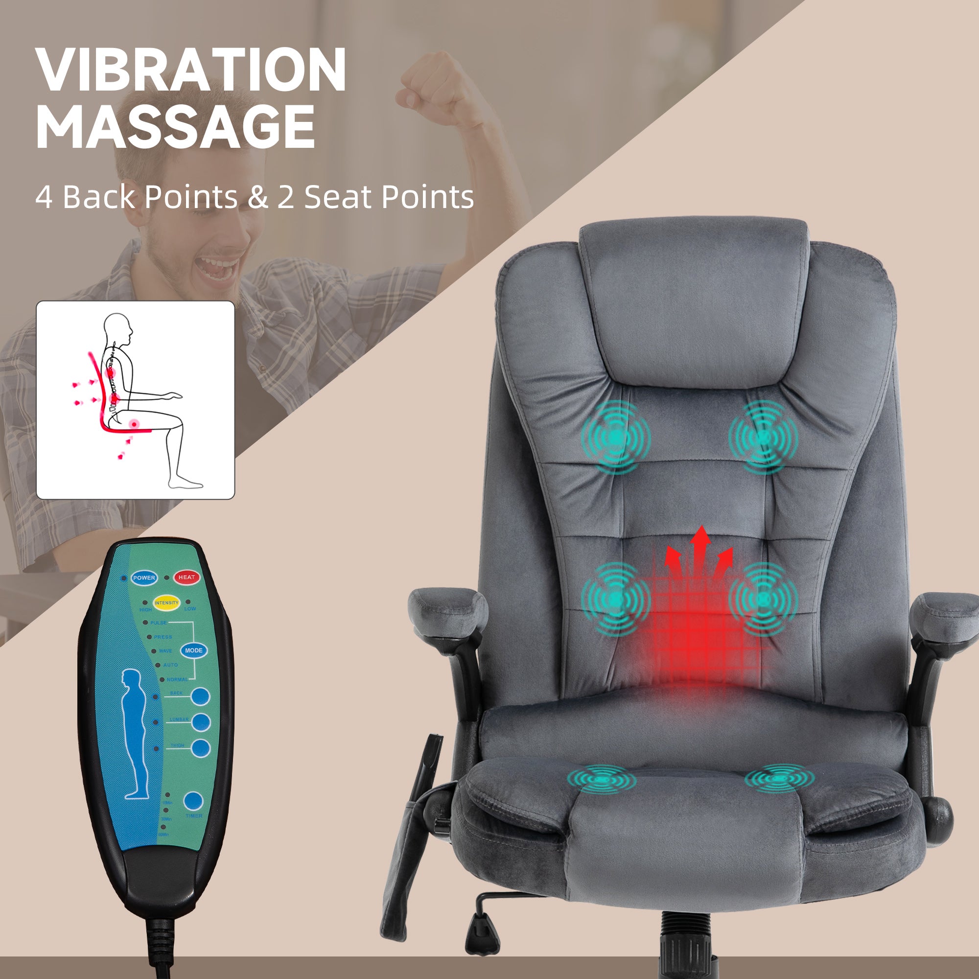 Vinsetto Office Chair, Ergonomic Desk Chair with 6-Point Massage and Back Heated, Velvet-Feel Fabric Computer Gaming Chair with Arms, Lumbar Support, Gray